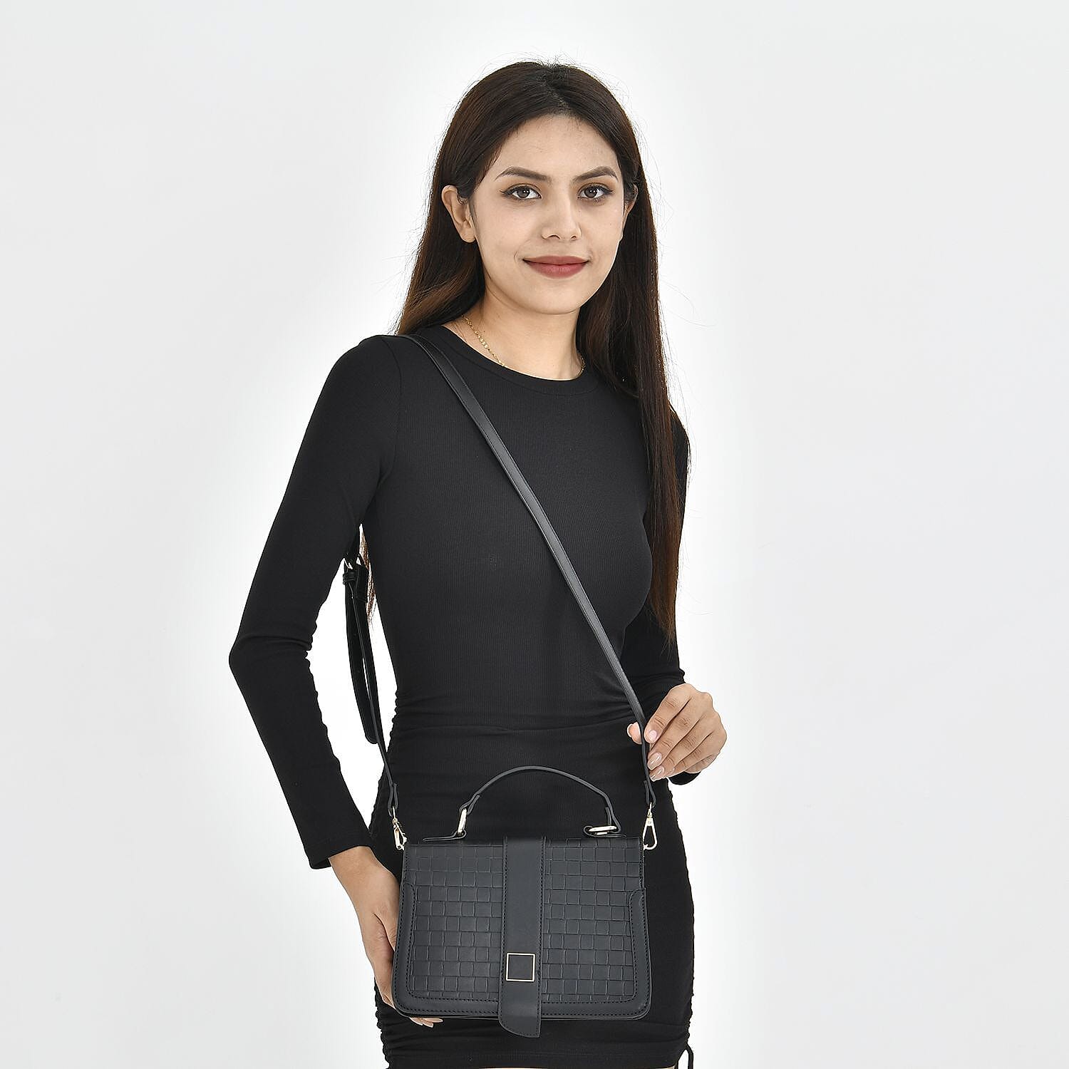Crossbody Bag with Magnetic Button & Zipper Closure - Black