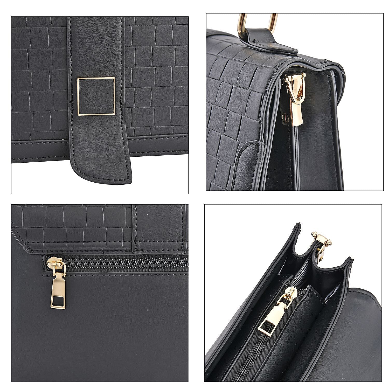 Crossbody Bag with Magnetic Button & Zipper Closure - Black