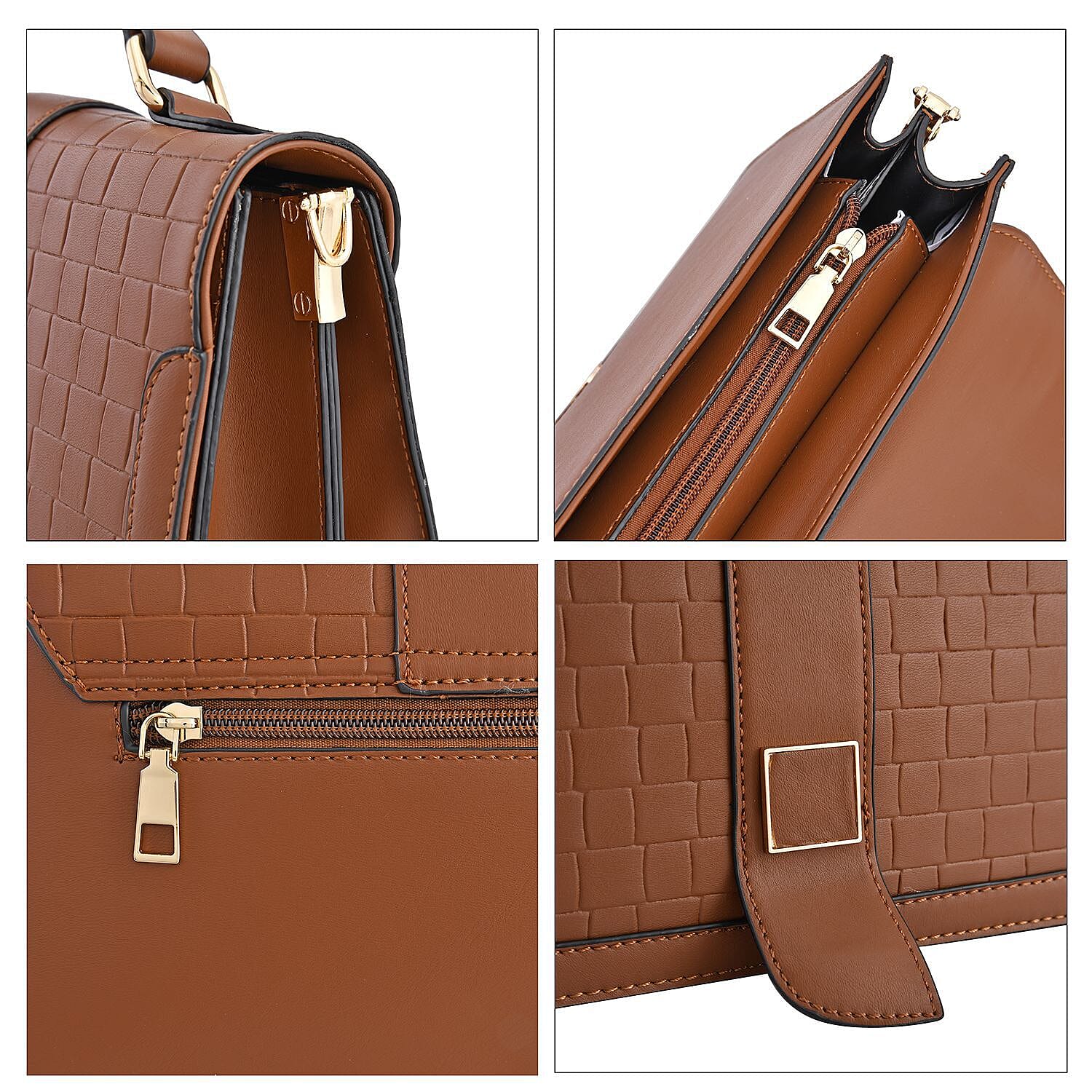 Crossbody Bag with Magnetic Button & Zipper Closure - Brown