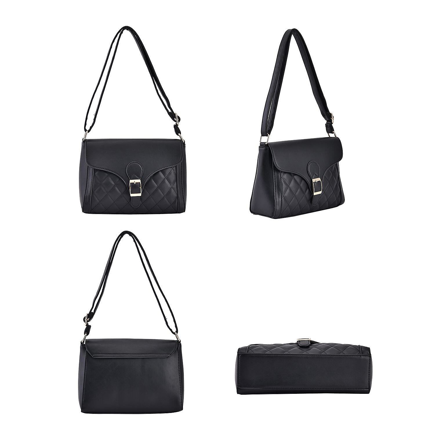 Quilted Diamond Pattern Crossbody Bag - Black