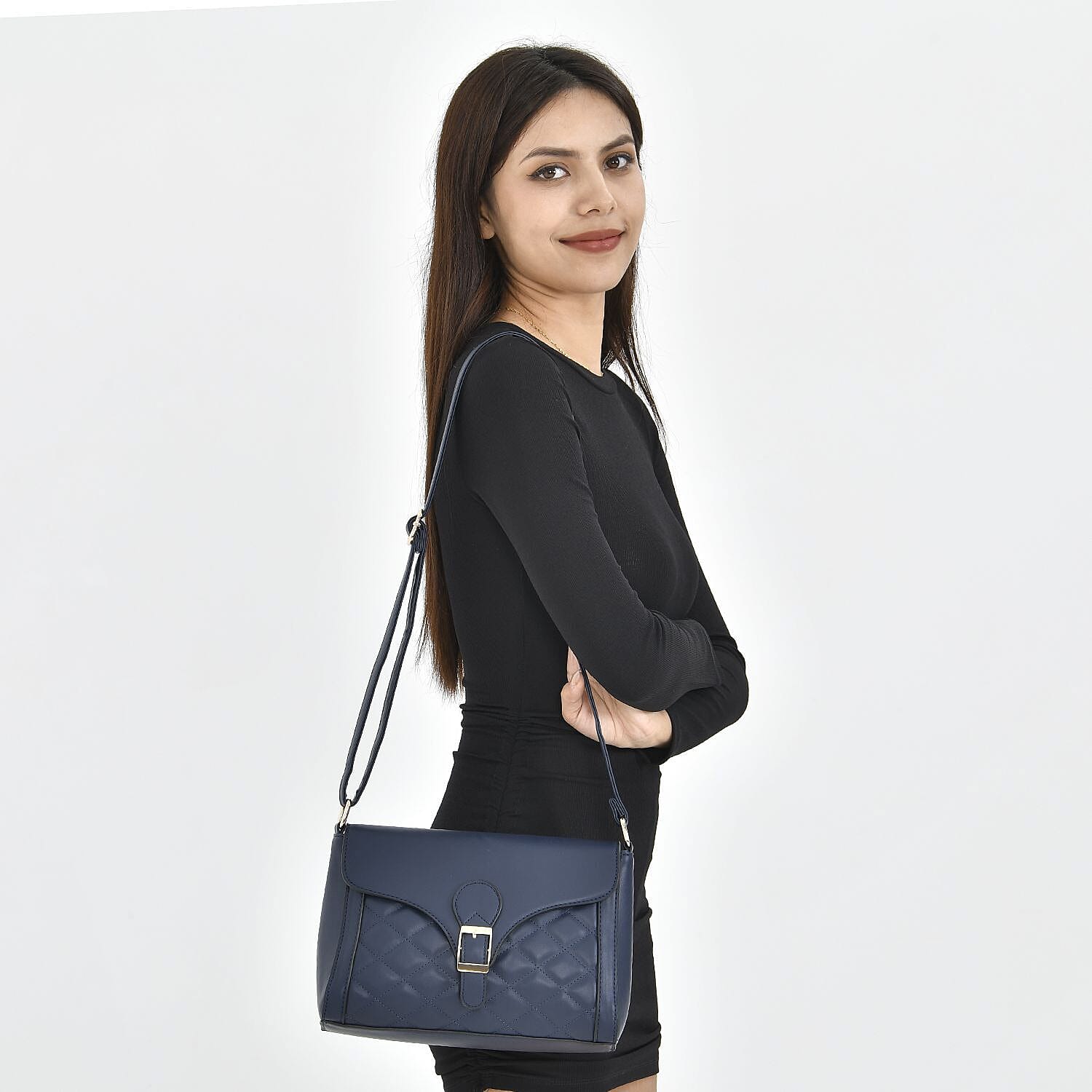 Quilted Diamond Pattern Crossbody Bag - Navy
