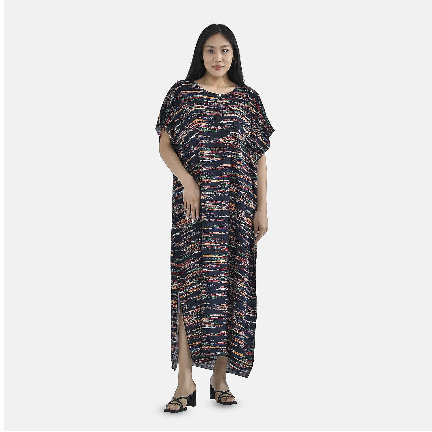 TAMSY 100% Viscose Multi Colour Pattern Kaftan Dress (Size 138x77 Cm) - Navy