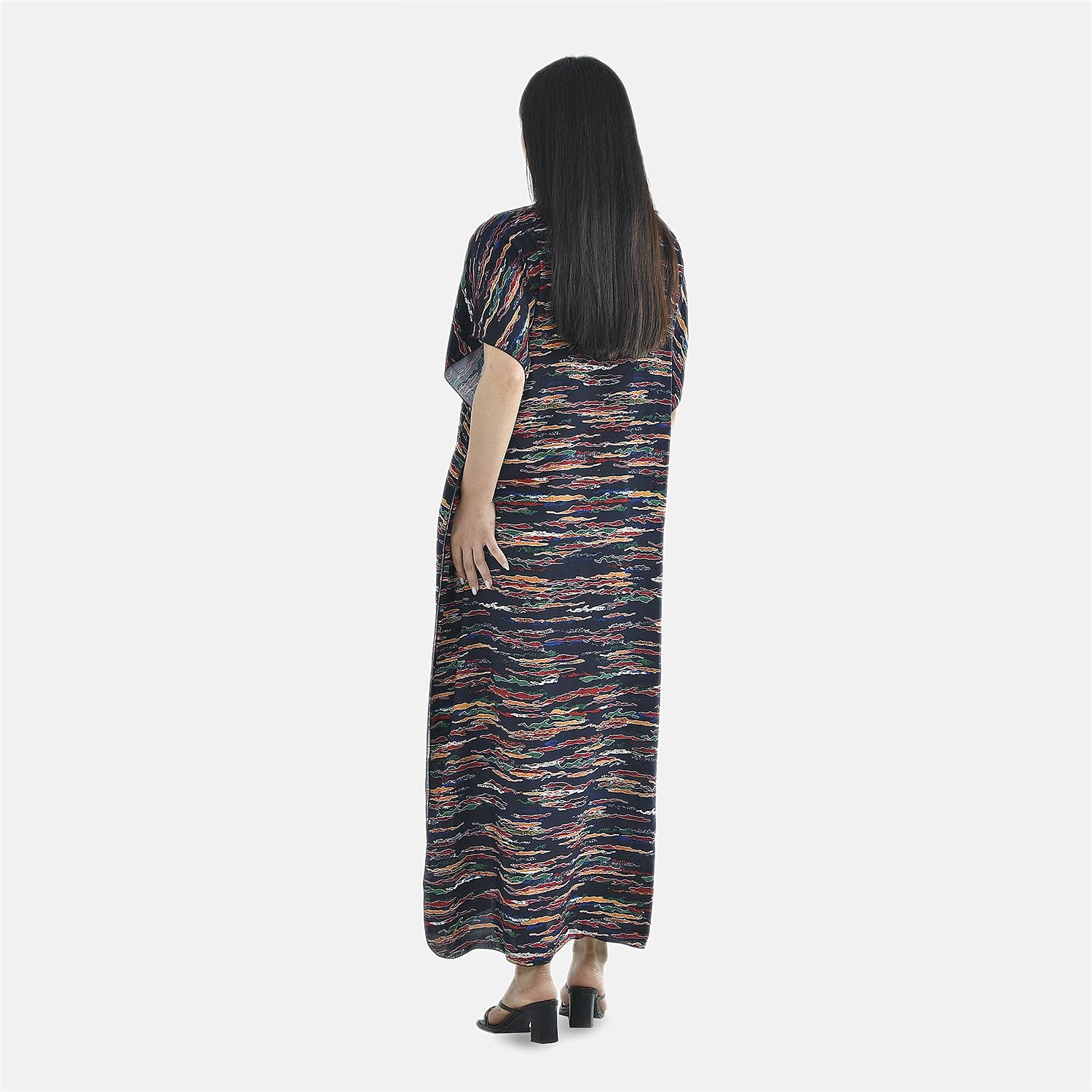 TAMSY 100% Viscose Multi Colour Pattern Kaftan Dress (Size 138x77 Cm) - Navy