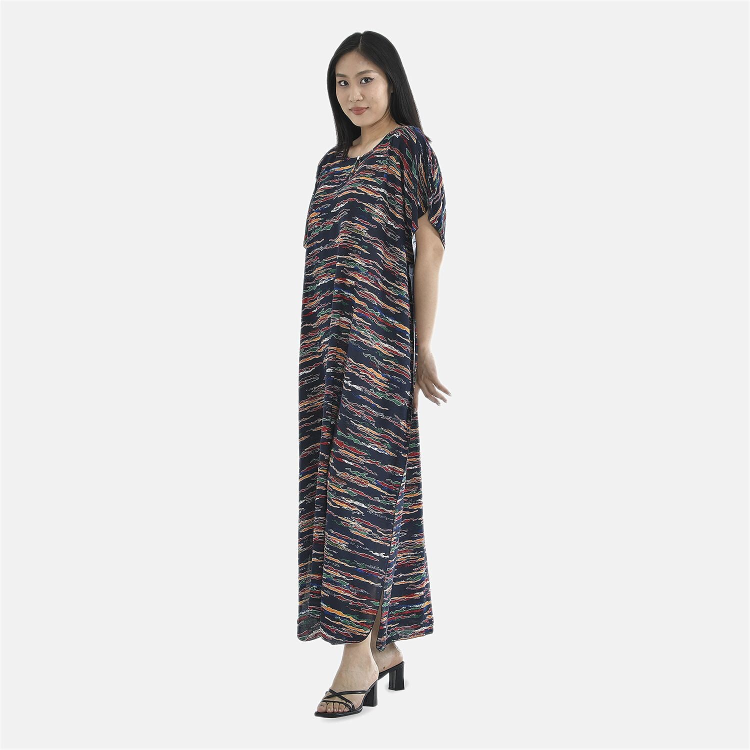 TAMSY 100% Viscose Multi Colour Pattern Kaftan Dress (Size 138x77 Cm) - Navy