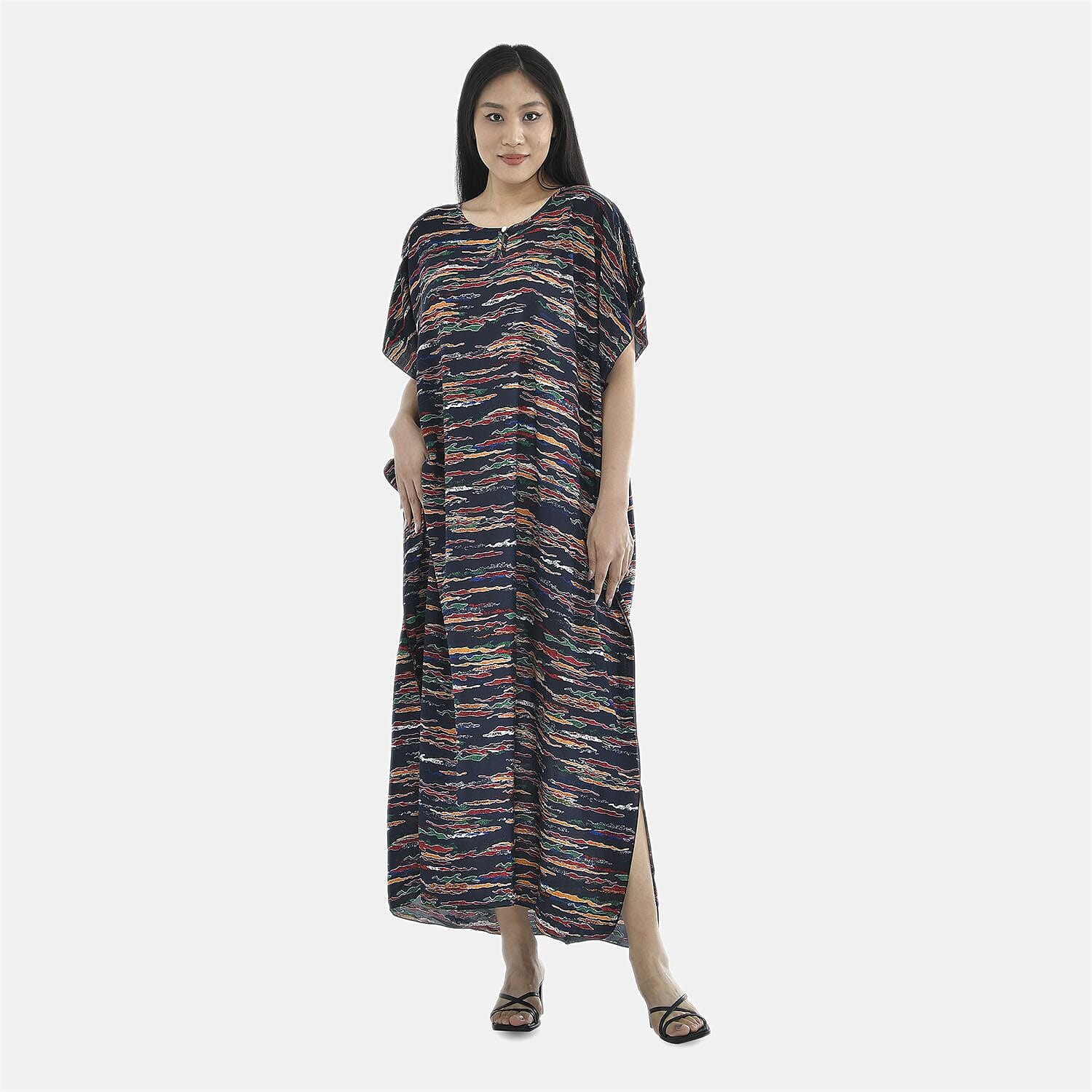  TAMSY 100% Viscose Red Feafs Pattern Kaftan Dress (Size 138x77 Cm) - Black