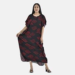  TAMSY 100% Viscose Red Feafs Pattern Kaftan Dress (Size 138x77 Cm) - Black