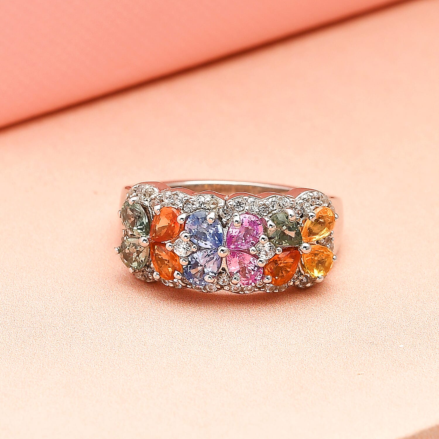 Pink Sapphire & Multi Gemstone Cluster Ring in 18K Yellow Gold Vermeil Plated Sterling Silver