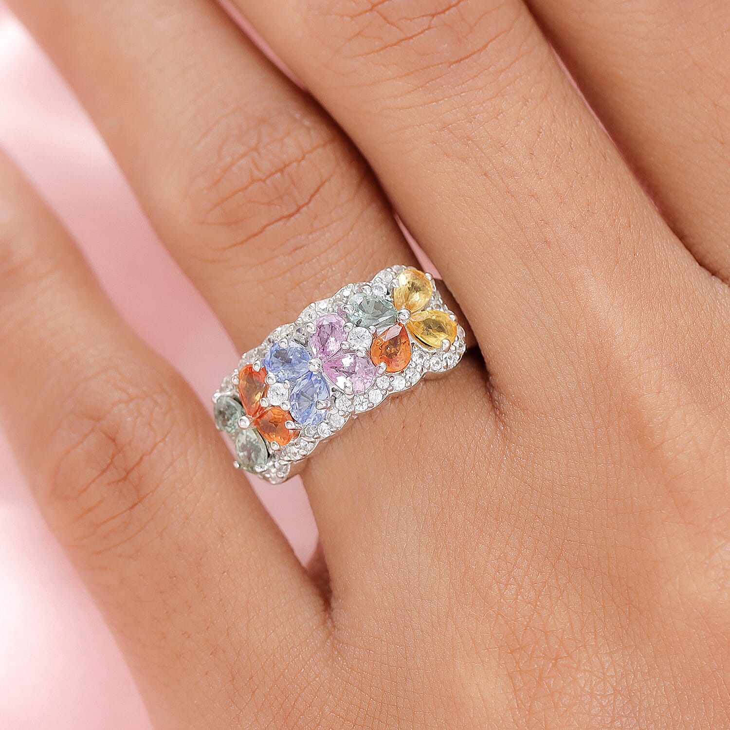 Pink Sapphire & Multi Gemstone Cluster Ring in 18K Yellow Gold Vermeil Plated Sterling Silver