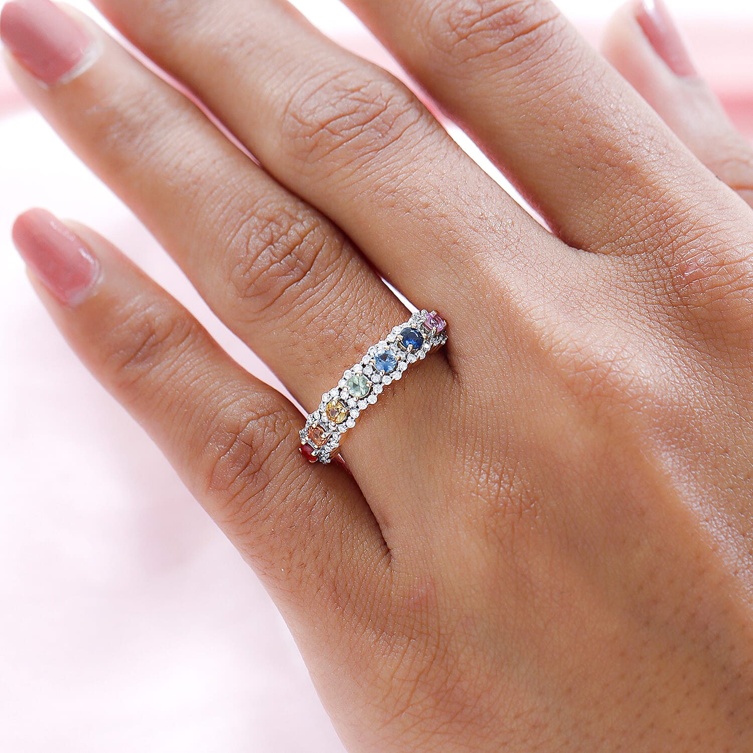 9K Yellow Gold Rainbow Sapphire and Moissanite Ring 1.02 Ct.