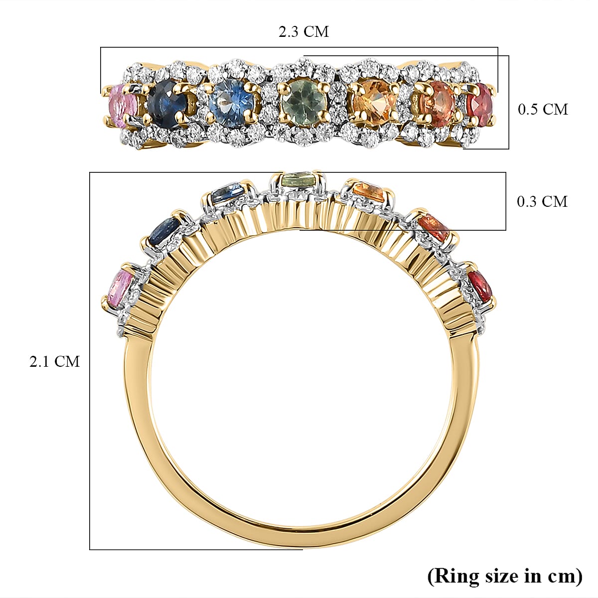 9K Yellow Gold Rainbow Sapphire and Moissanite Ring 1.02 Ct.