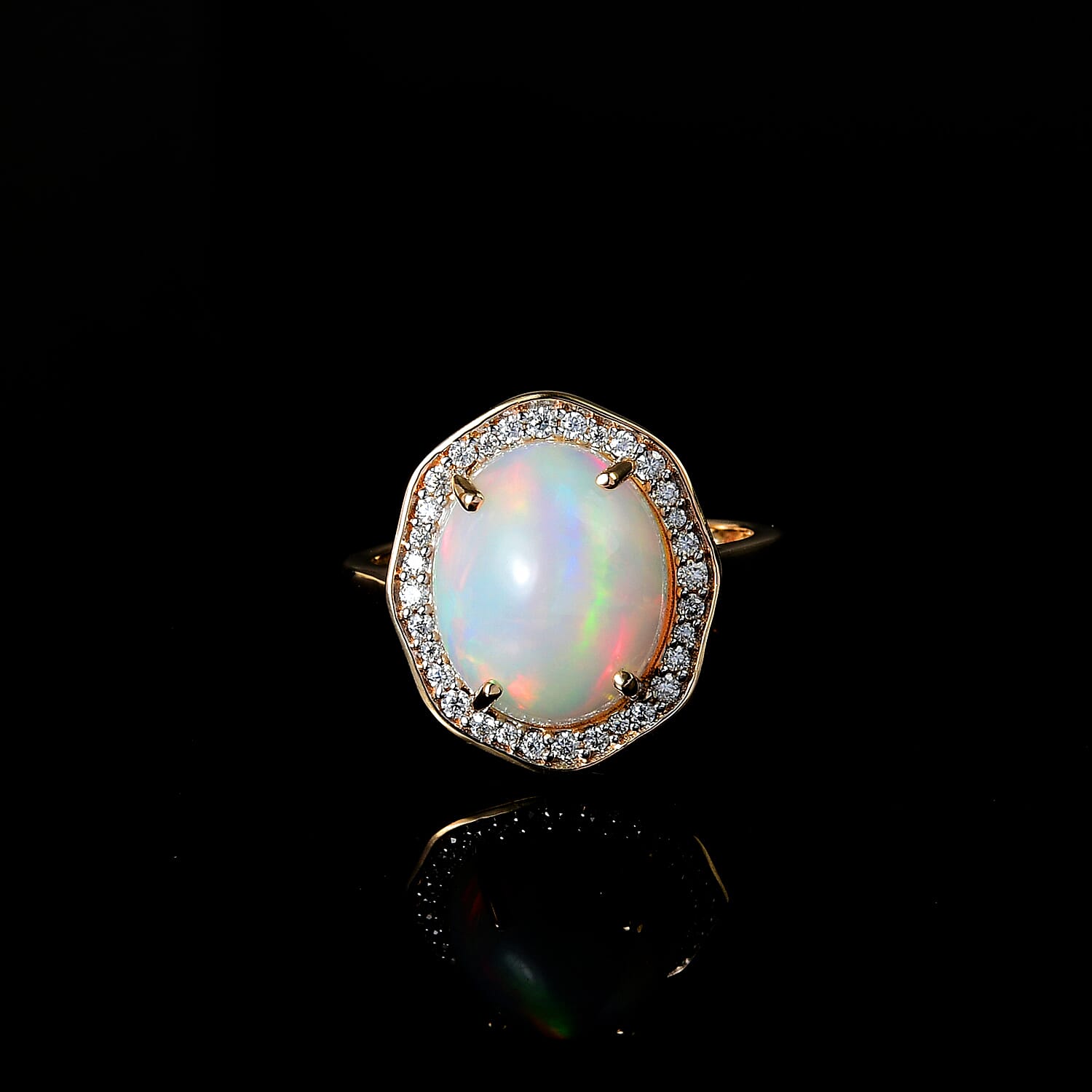 9K Yellow Gold AAA Ethiopian Welo Opal and Moissanite Ring 3.29 Ct.