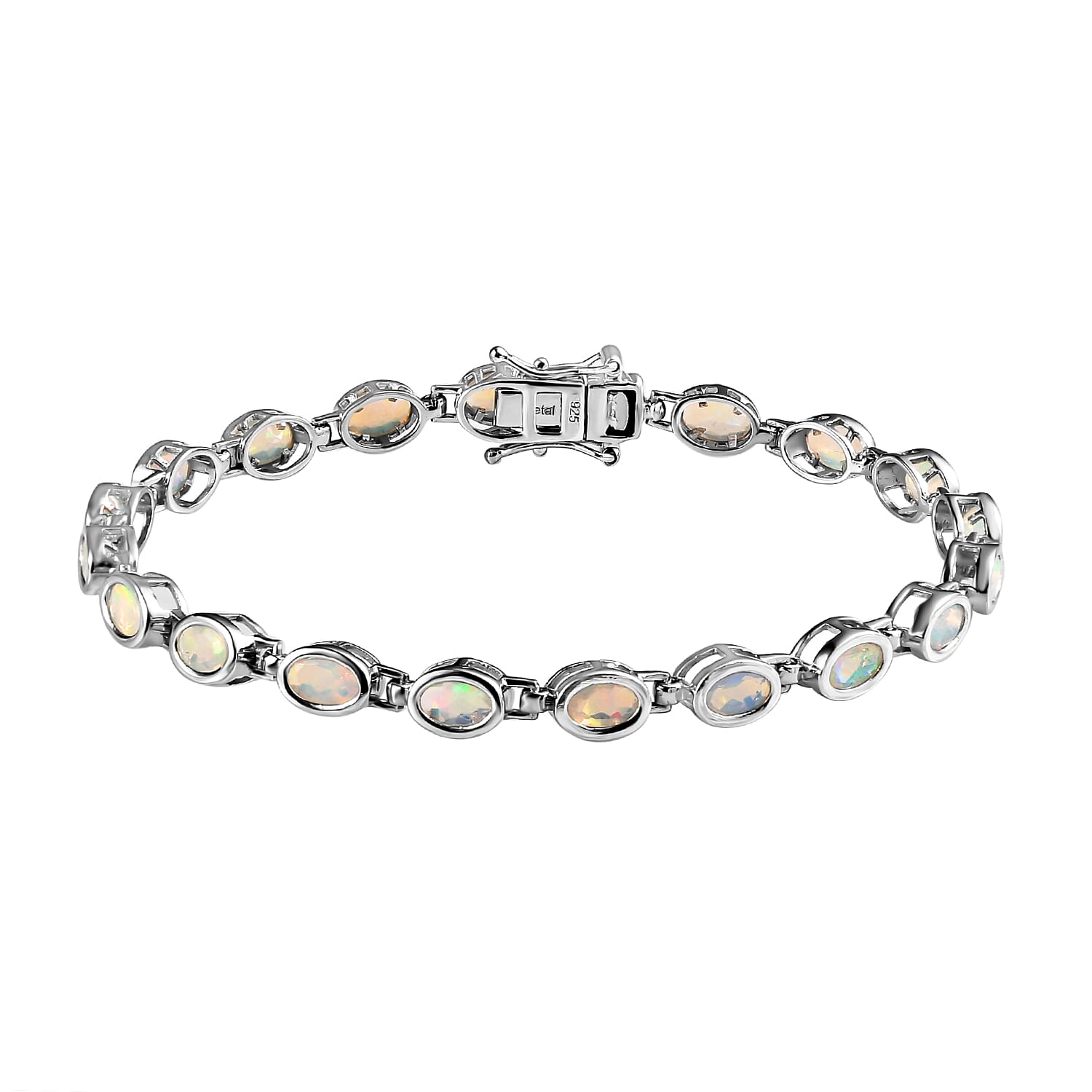 Ethiopian Welo Opal Line Bracelet (Size - 8) in Platinum Overlay Sterling Silver 5.23 Ct, Silver Wt. 10.25 Gms