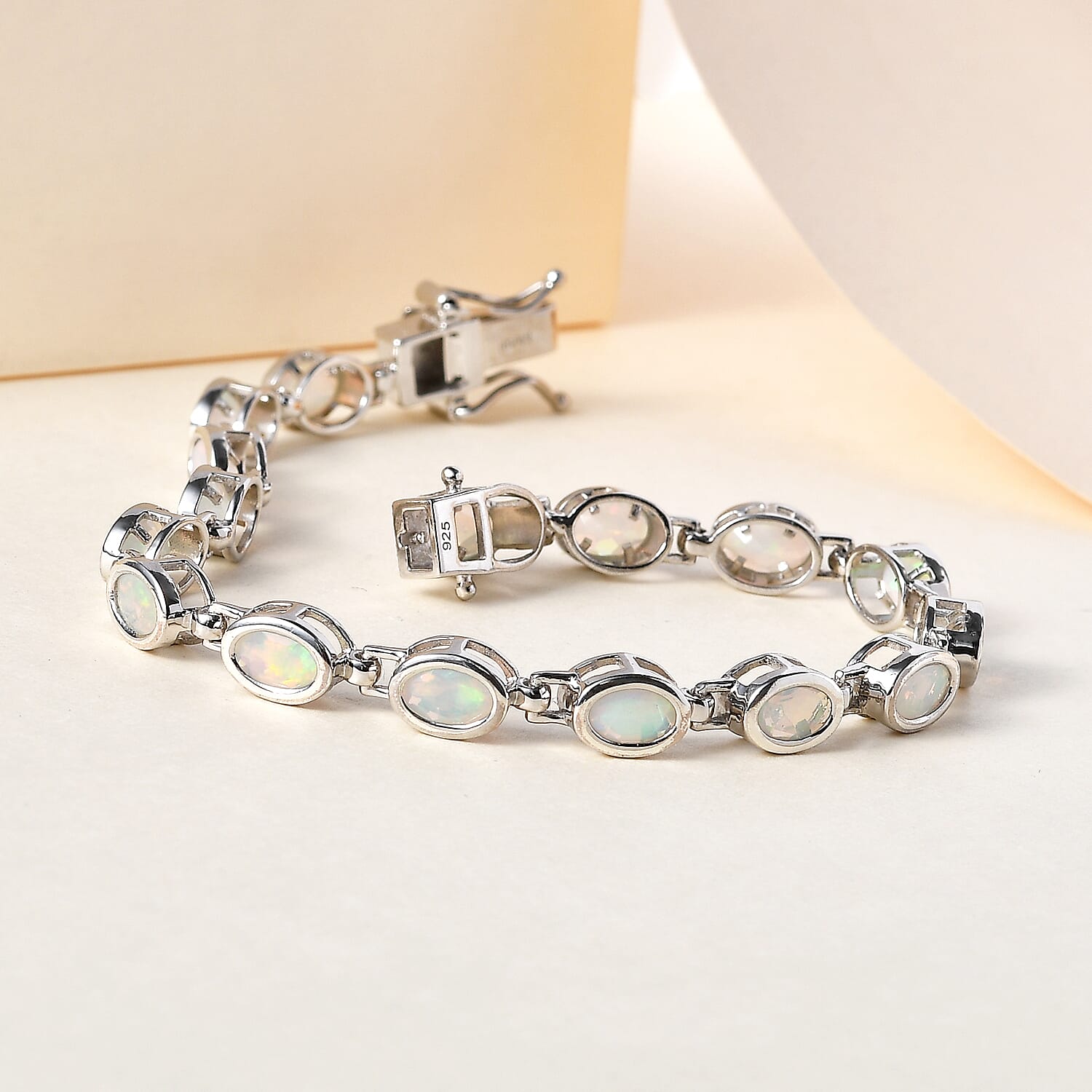 Ethiopian Welo Opal Line Bracelet (Size - 8) in Platinum Overlay Sterling Silver 5.23 Ct, Silver Wt. 10.25 Gms
