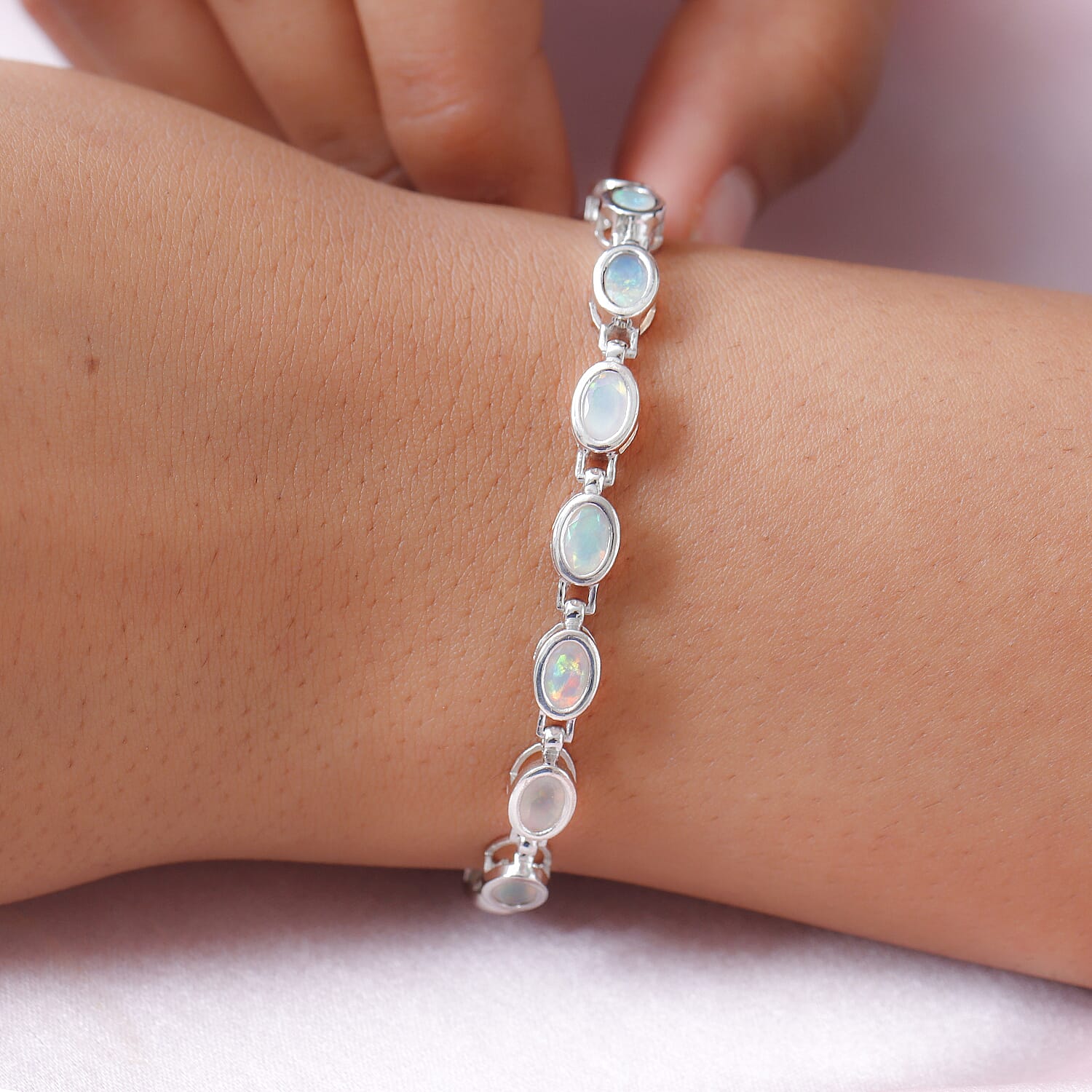 Ethiopian Welo Opal Line Bracelet (Size - 8) in Platinum Overlay Sterling Silver 5.23 Ct, Silver Wt. 10.25 Gms
