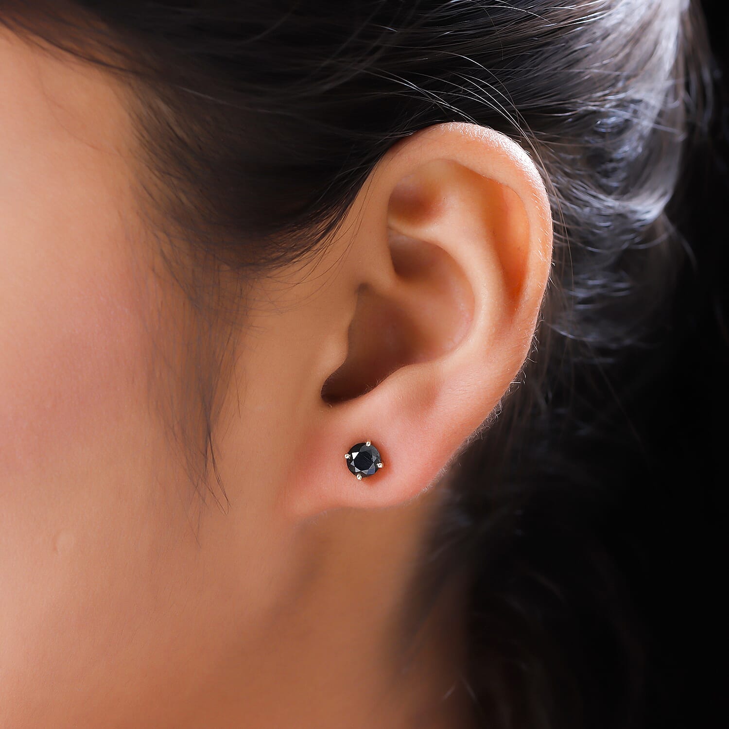 9K Yellow Gold Black Diamond (I3) Solitaire Stud Push Post Earrings 1.00 Ct.