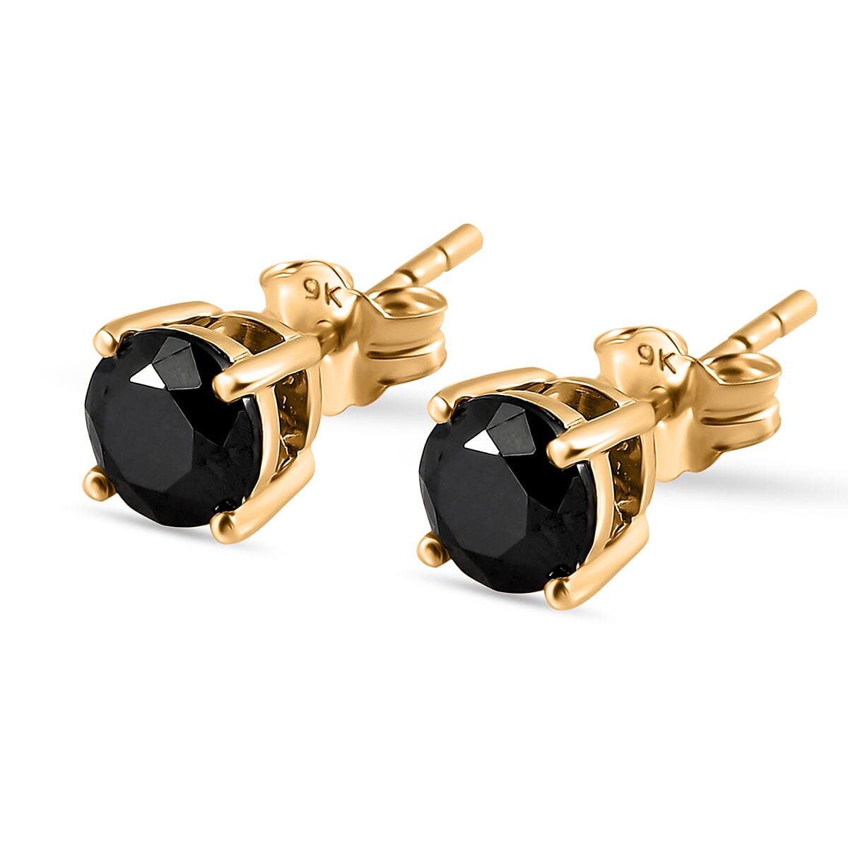 9K Yellow Gold Black Diamond (I3) Solitaire Stud Push Post Earrings 1.00 Ct.