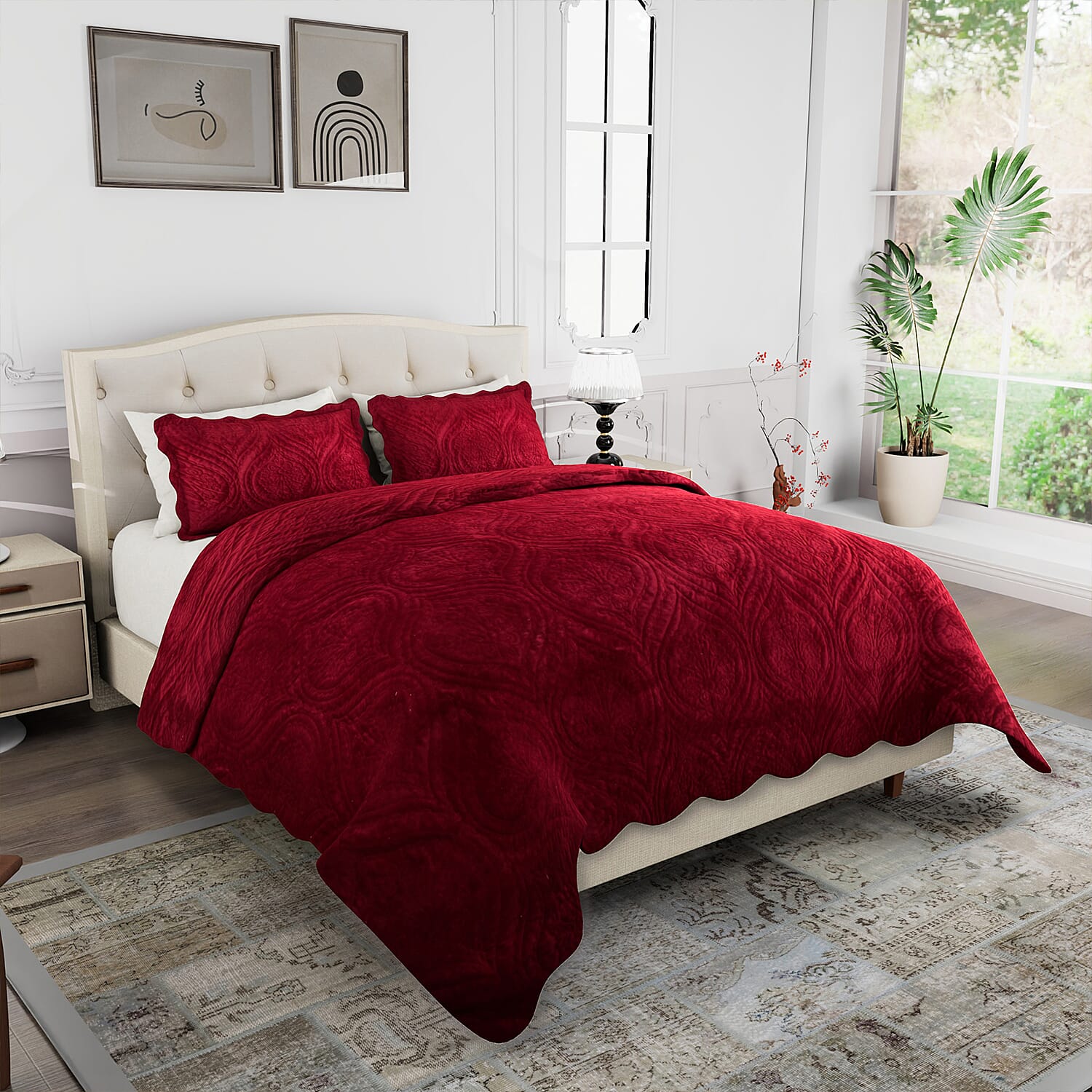 3 Pcs Set Summer Quilt and 2 Pillowcases (Size 225x220 Cm) - Burgundy