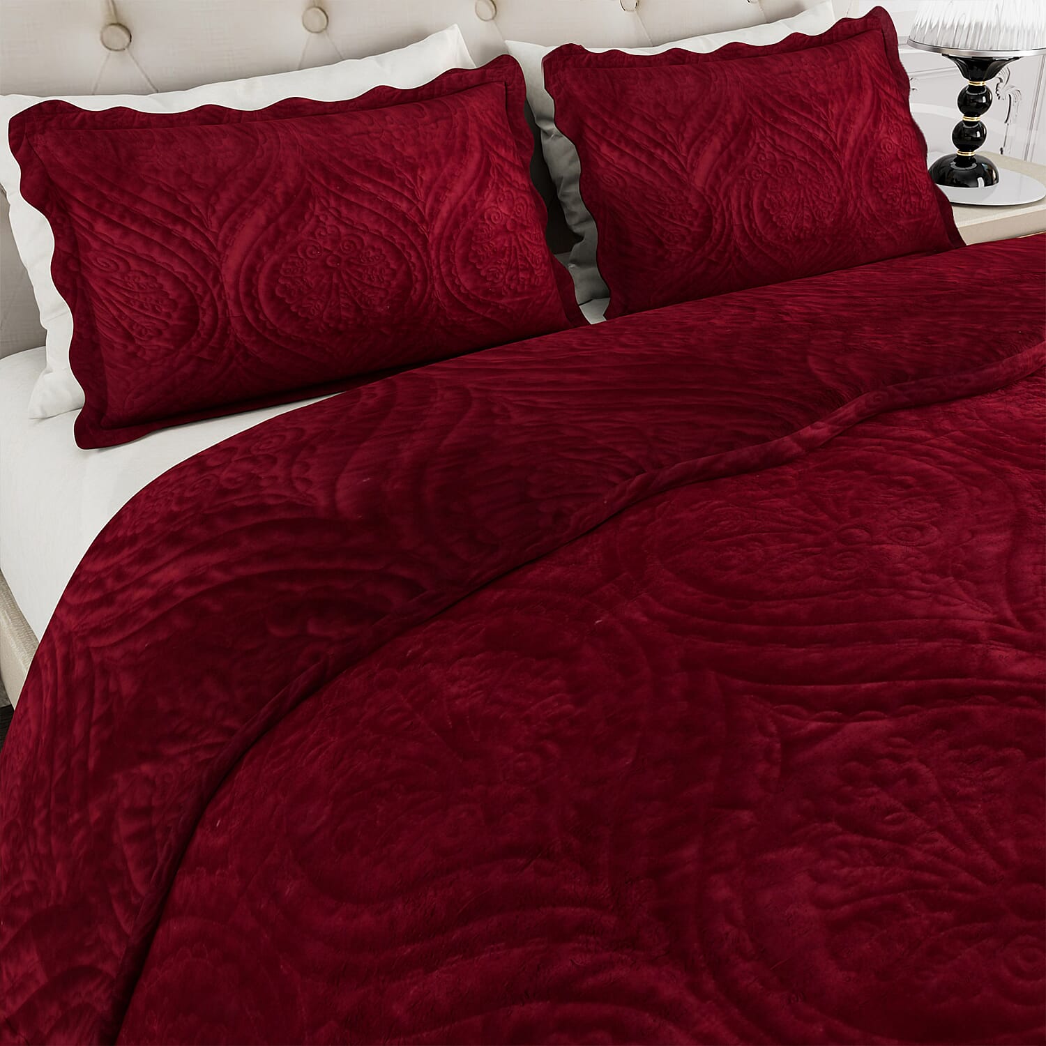 3 Pcs Set Summer Quilt and 2 Pillowcases (Size 225x220 Cm) - Burgundy