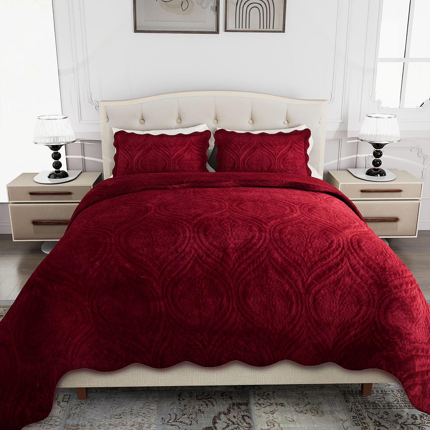 3 Pcs Set Summer Quilt and 2 Pillowcases (Size 225x220 Cm) - Burgundy