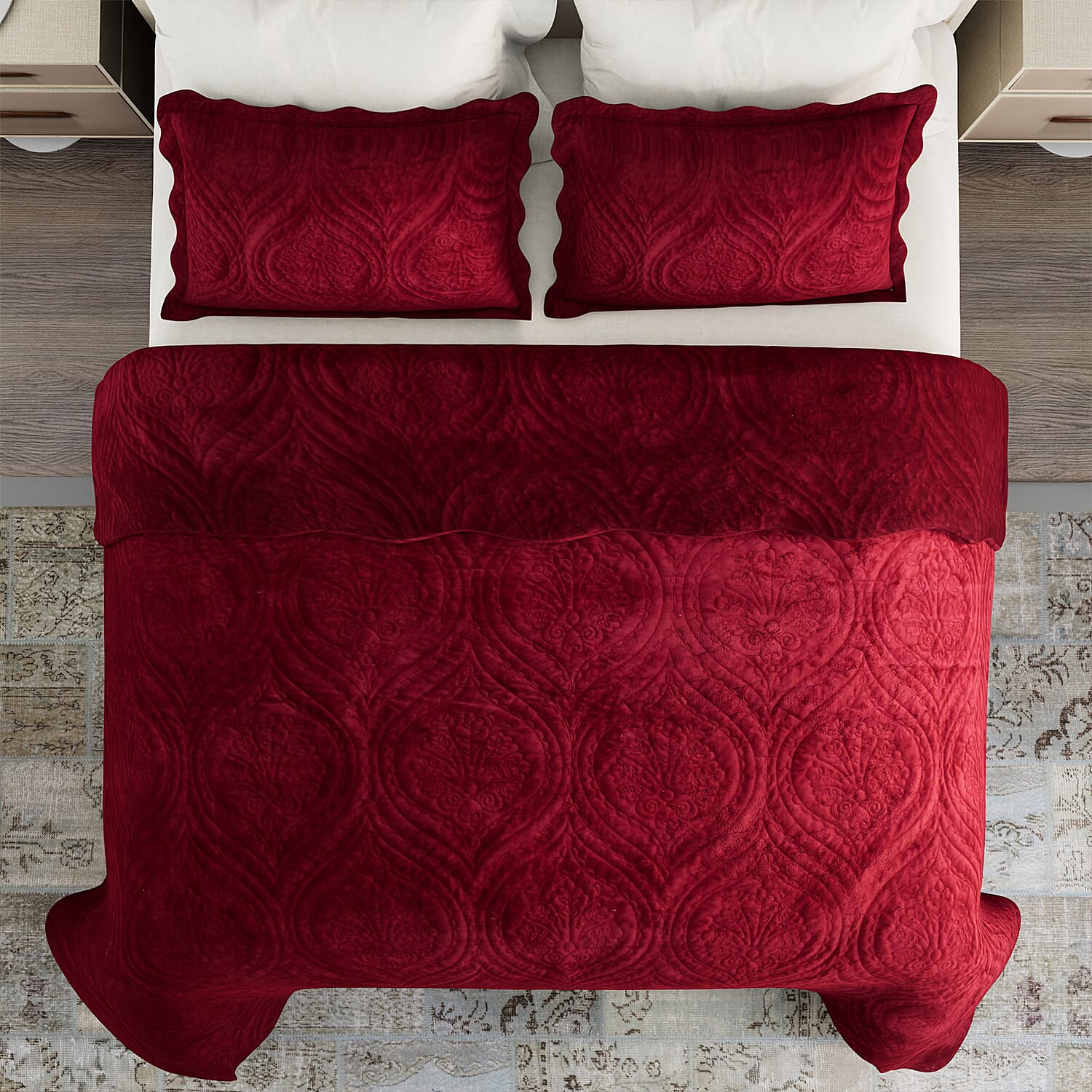 3 Pcs Set Summer Quilt and 2 Pillowcases (Size 225x220 Cm) - Burgundy