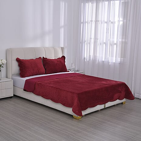 3 Pcs Set Summer Quilt and 2 Pillowcases (Size 225x220 Cm) - Burgundy