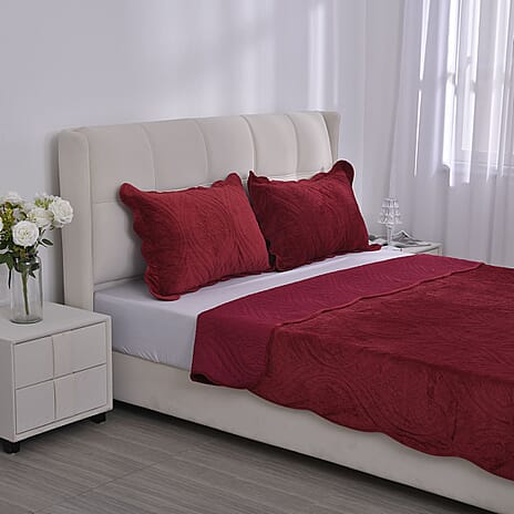 3 Pcs Set Summer Quilt and 2 Pillowcases (Size 225x220 Cm) - Burgundy
