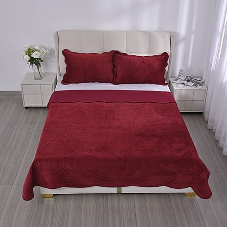 3 Pcs Set Summer Quilt and 2 Pillowcases (Size 225x220 Cm) - Burgundy