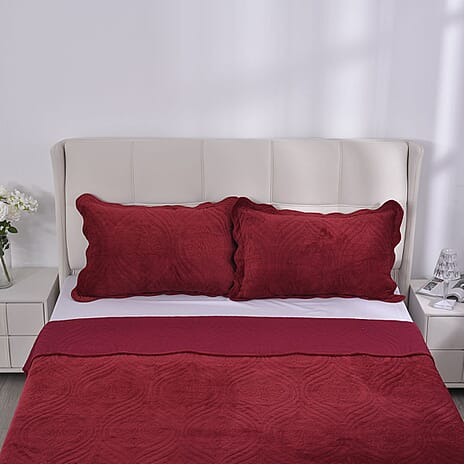 3 Pcs Set Summer Quilt and 2 Pillowcases (Size 225x220 Cm) - Burgundy