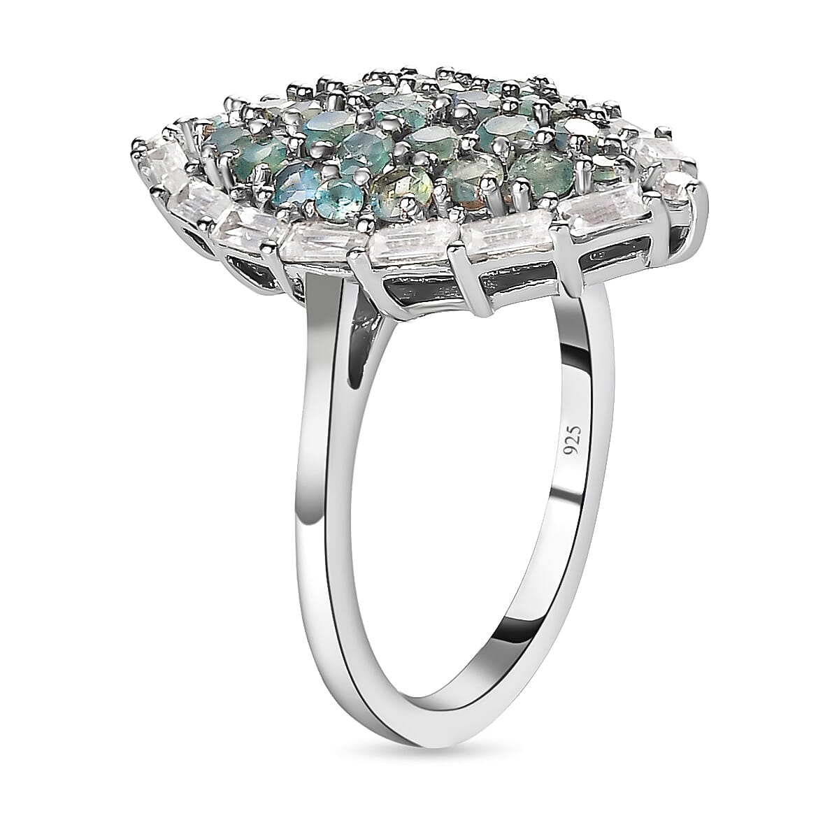 Alexandrite & Natural Zircon Cluster Ring in Platinum Overlay Sterling Silver 2.31 Ct.