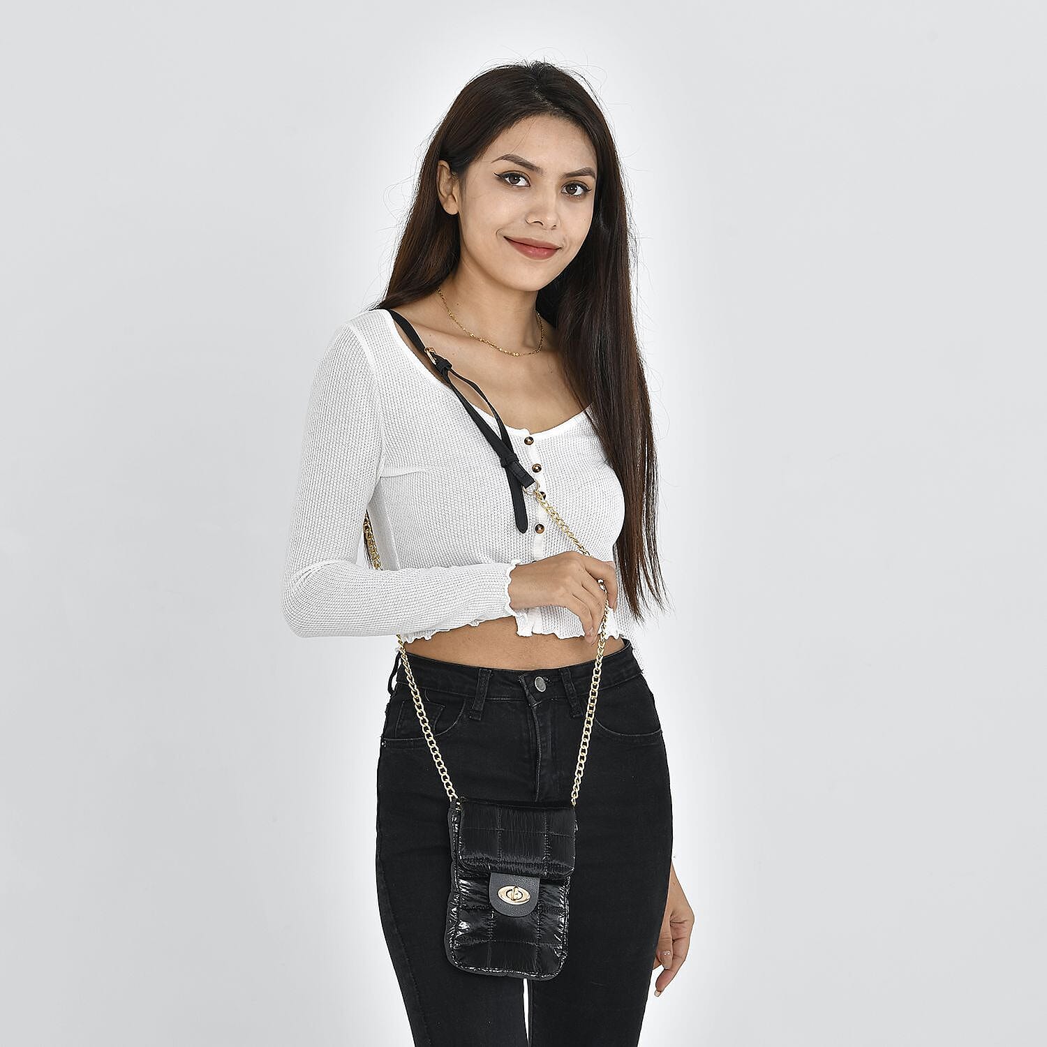 Doorbuster- Quilted Pattern Puffy Crossbody Bag with RFID Protection - Black