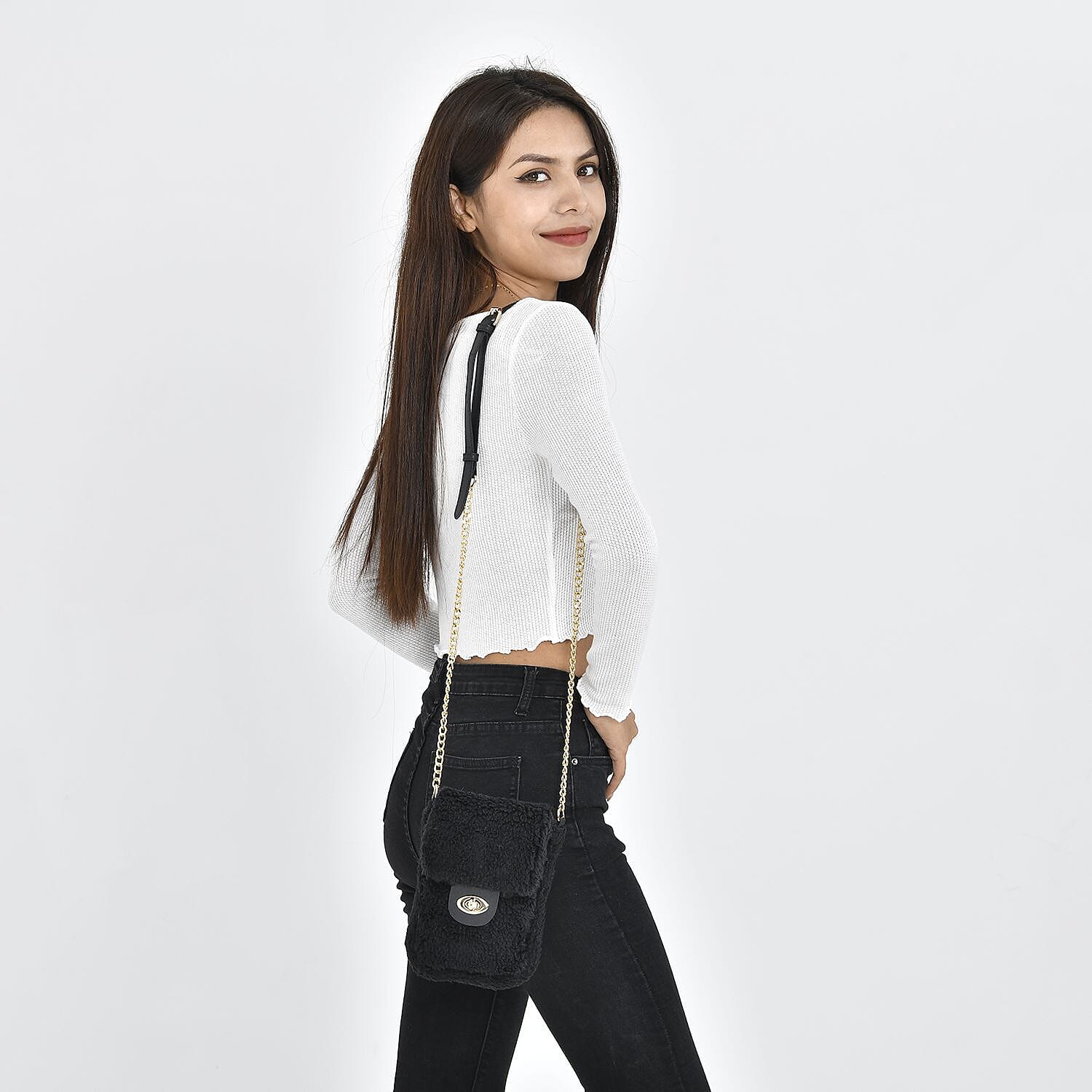 Fur Crossbody Bag with RFID Protection - Black