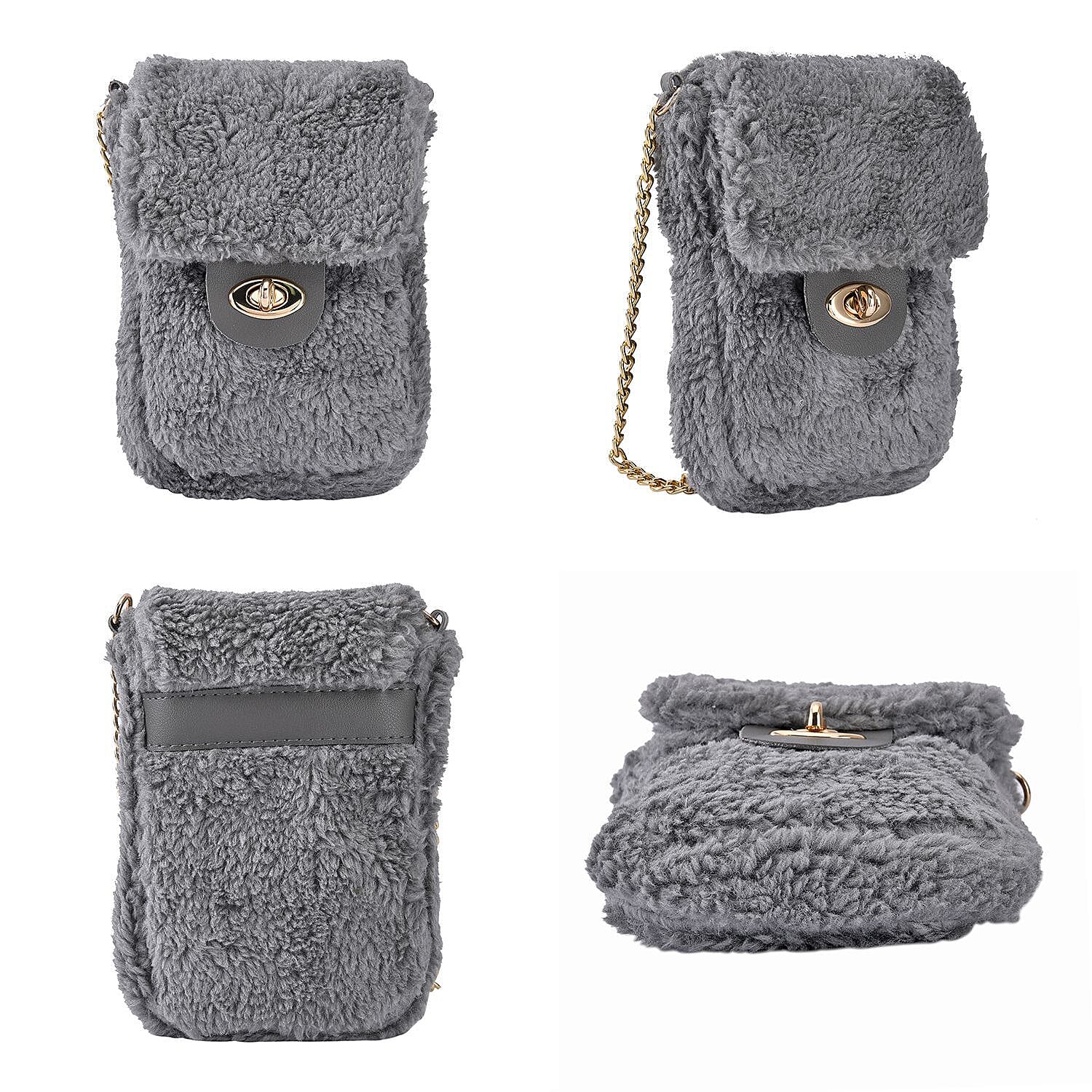 Fur Crossbody Bag with RFID Protection (Size 16x20x3 Cm) - Grey