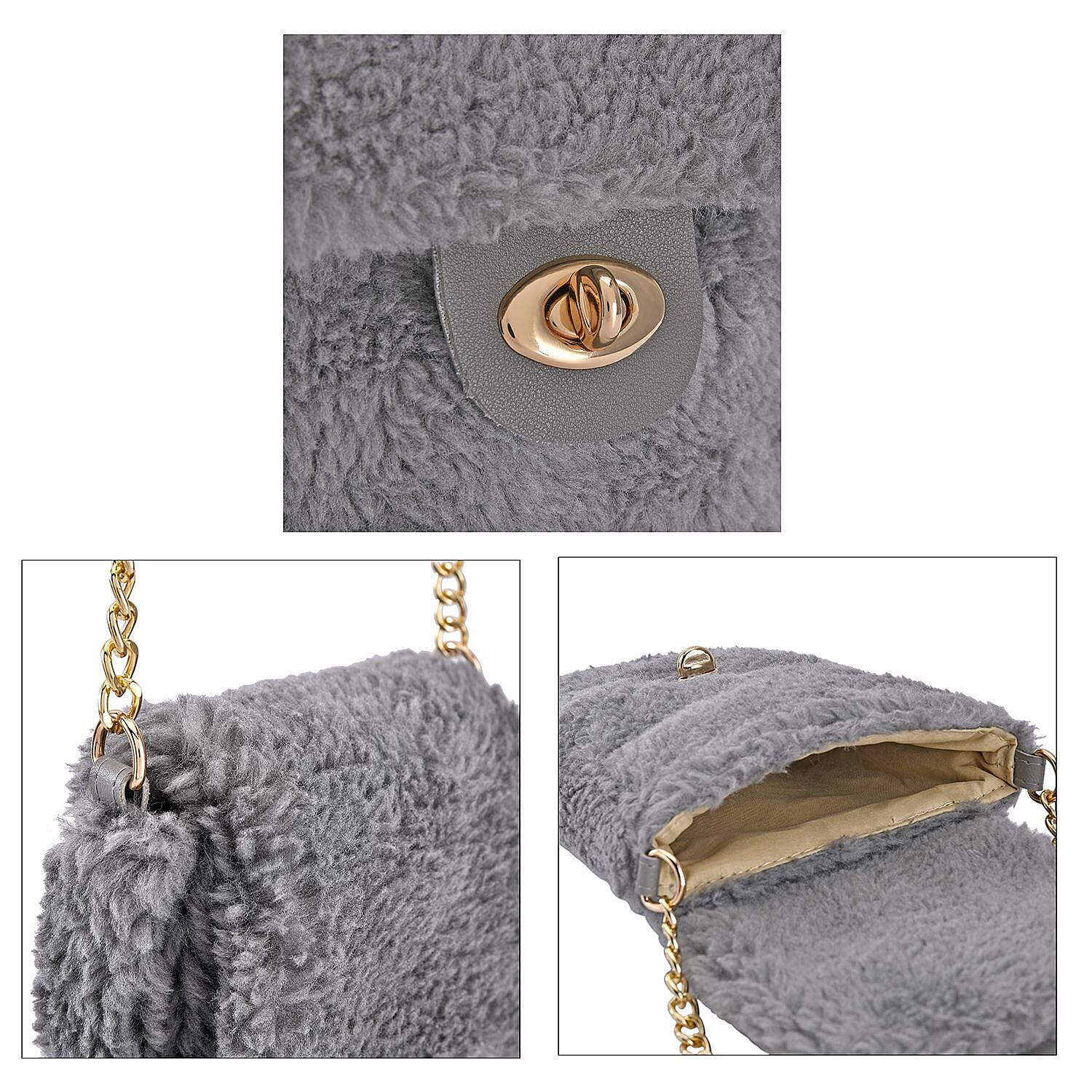 Fur Crossbody Bag with RFID Protection (Size 16x20x3 Cm) - Grey