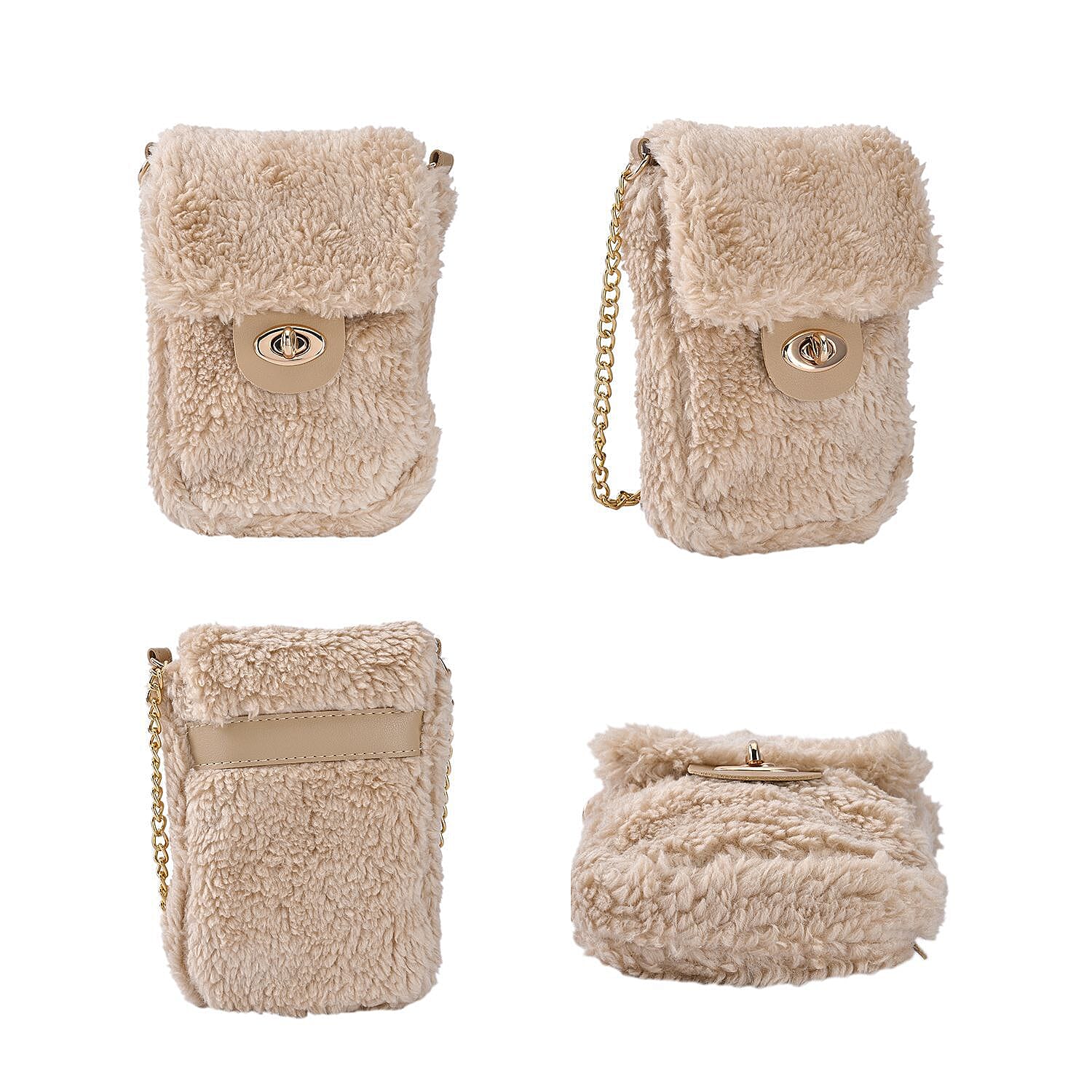 Fur Crossbody Bag with RFID Protection (Size 16x20x3 Cm) - Beige
