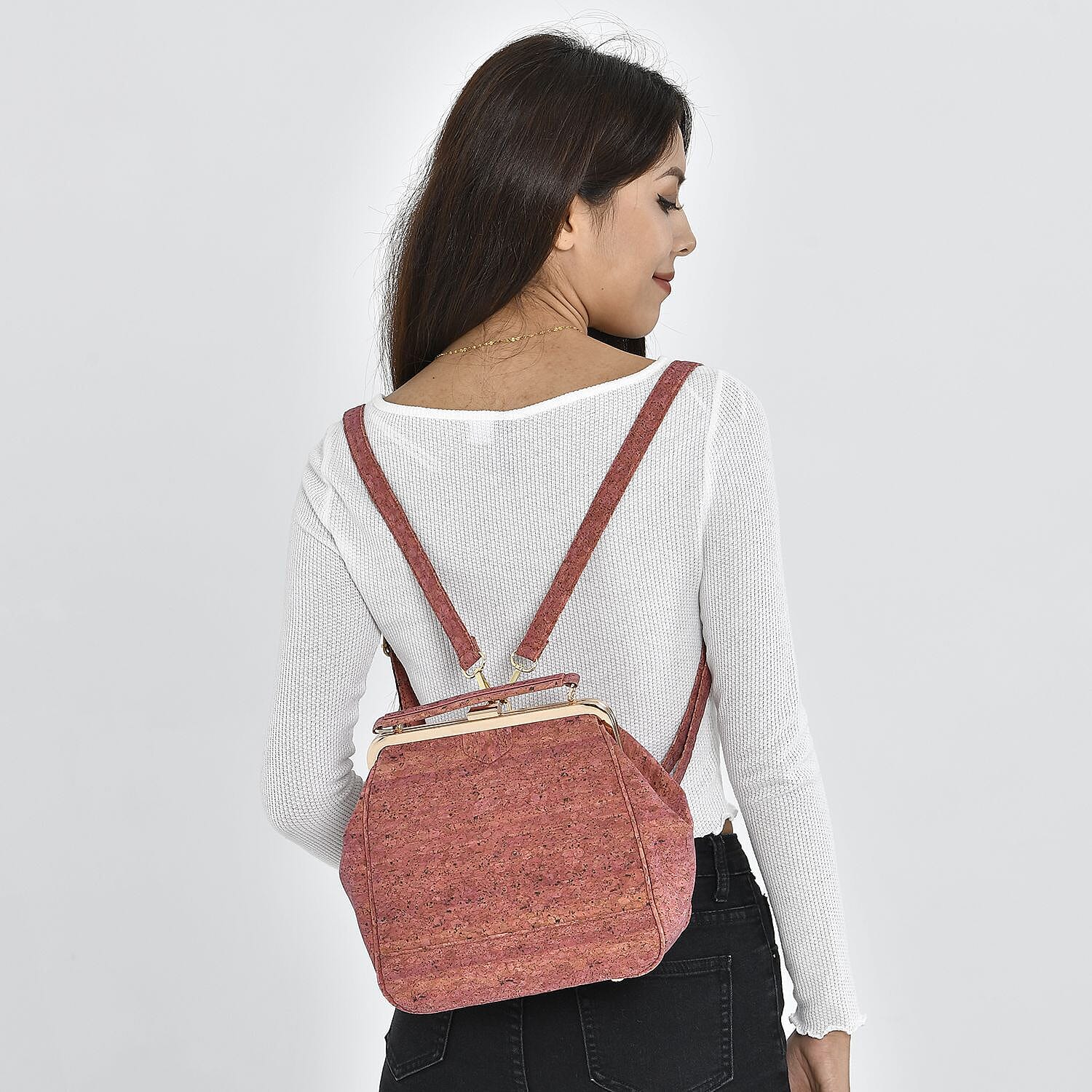 Cork Leather Backpack with Handle Drop - Detachable Shoulder Strap - Red