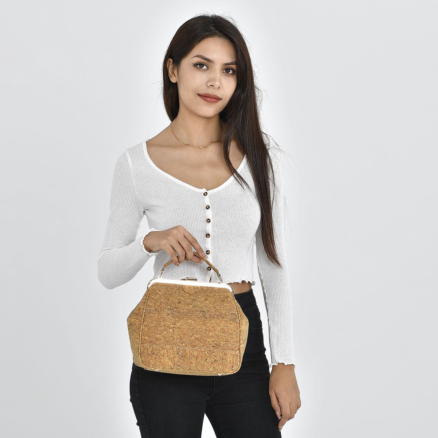 Cork Leather Backpack with Handle Drop - Detachable Shoulder Strap - Khaki