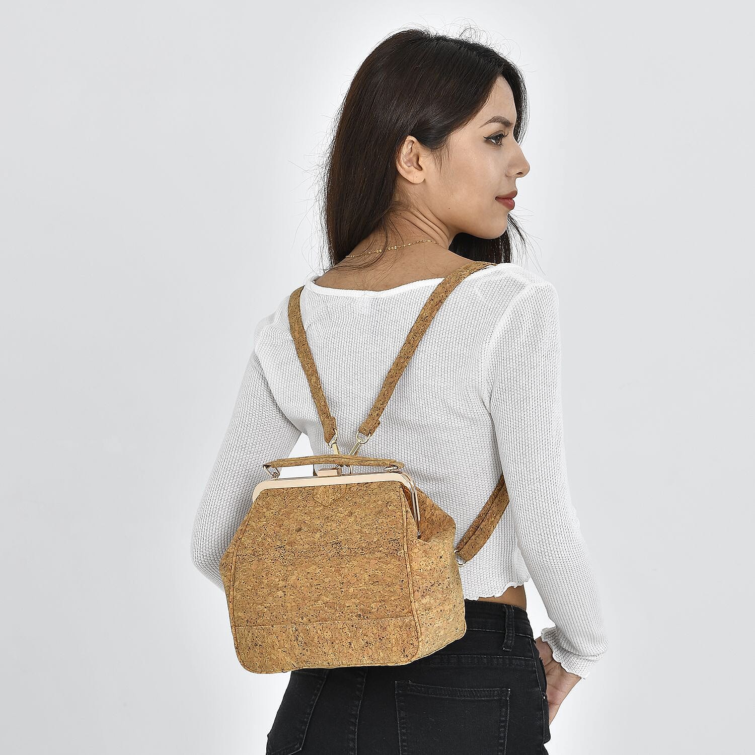 Cork Leather Backpack with Handle Drop - Detachable Shoulder Strap - Khaki