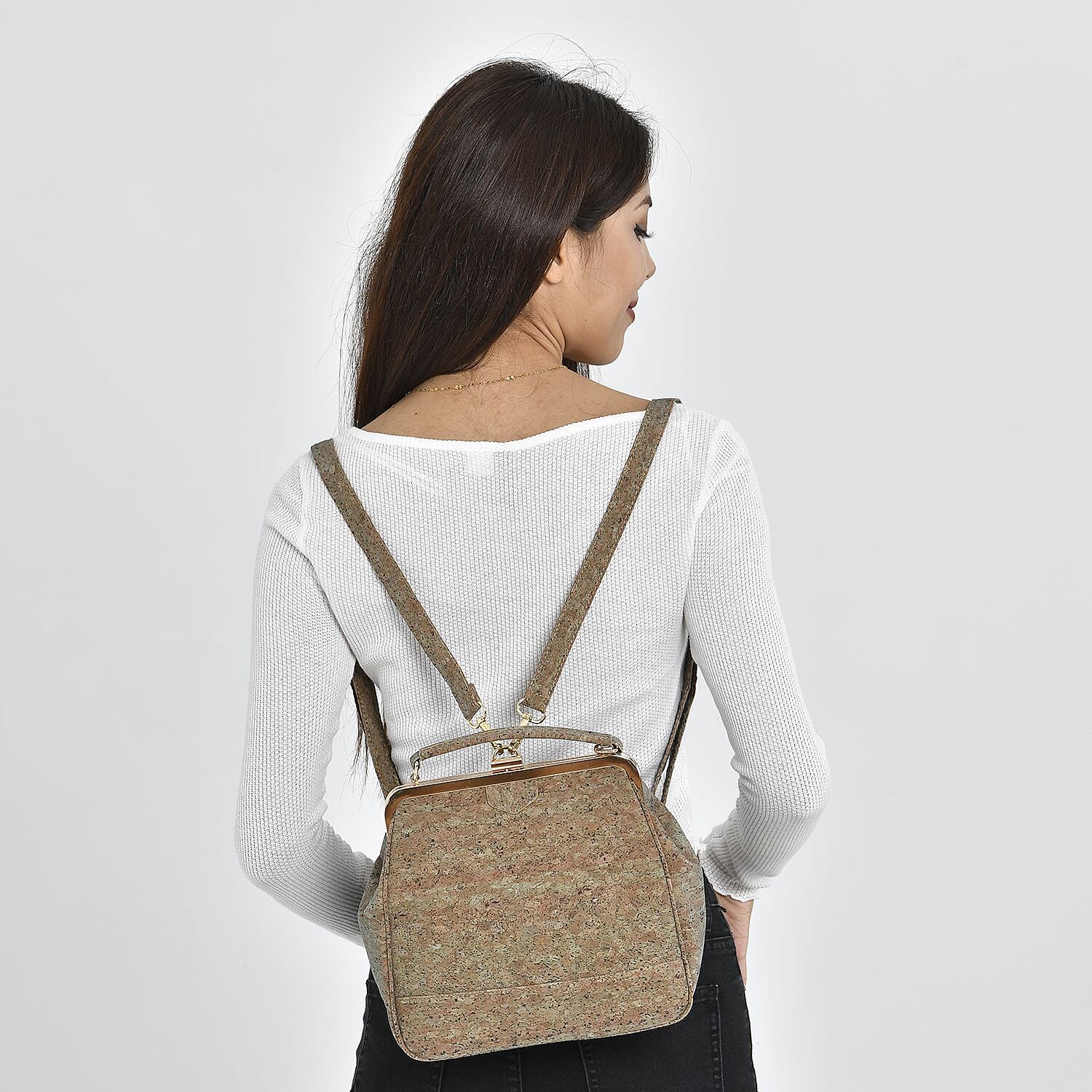 Cork Leather Backpack with Handle Drop - Detachable Shoulder Strap - Coffee