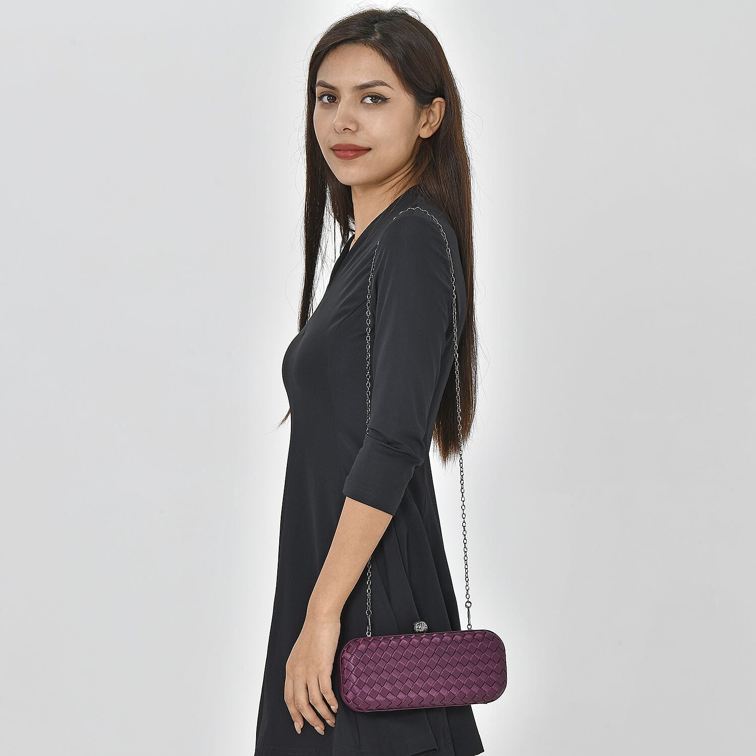 Weave Pattern Clutch Bag with Shoulder Metal Chain - Burgundy