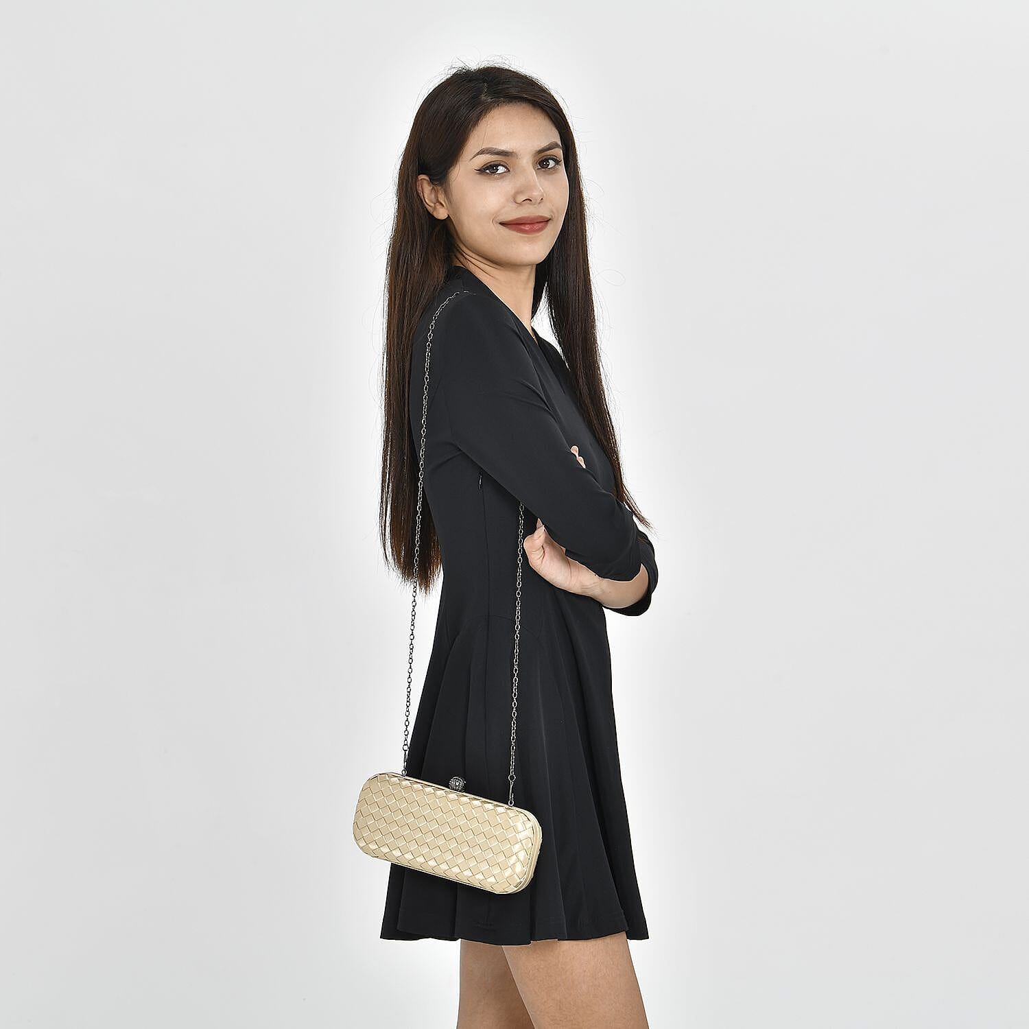 Weave Pattern Clutch Bag with Shoulder Metal Chain - Gold