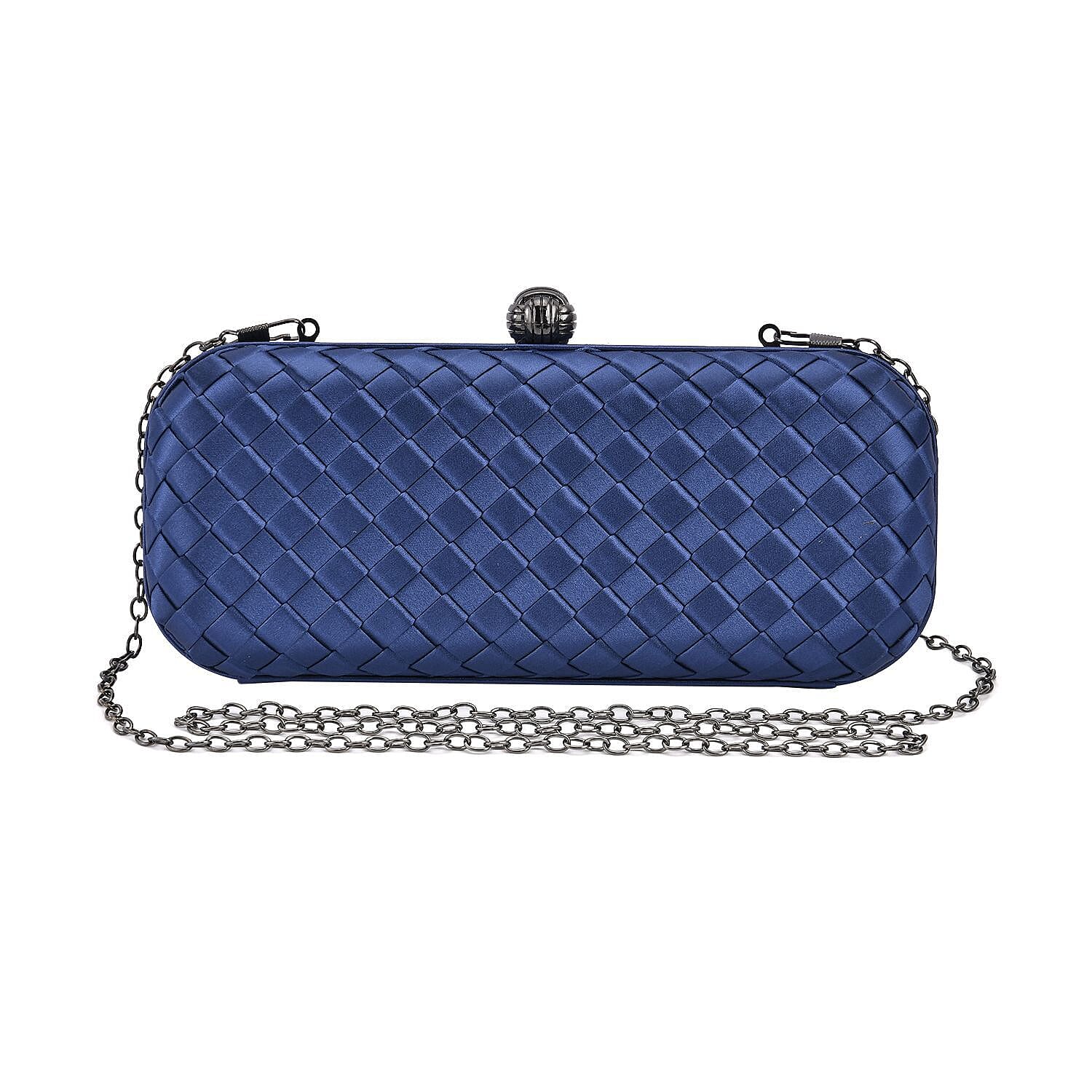 Weave Pattern Clutch Bag with Shoulder Metal Chain - Navy