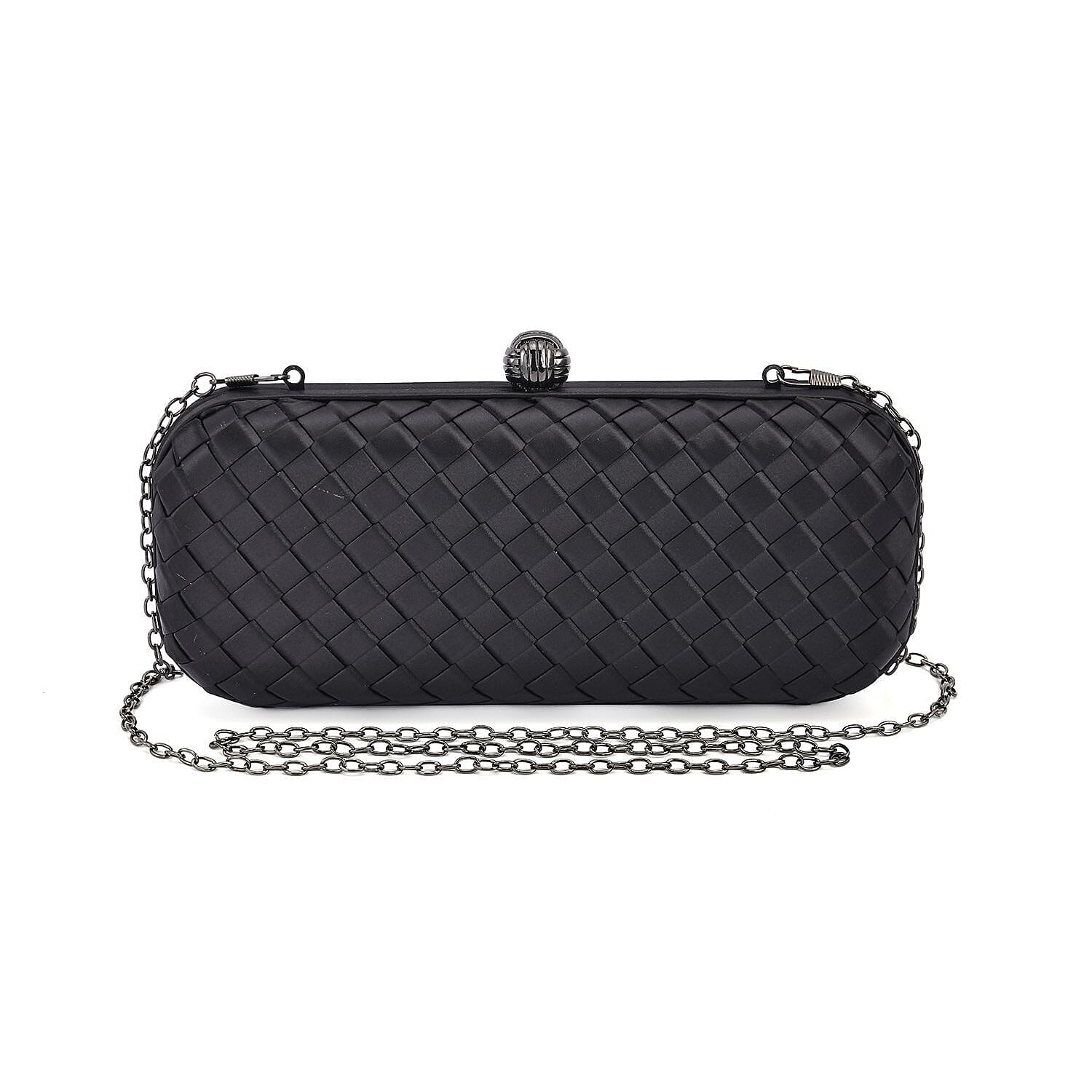 Weave Pattern Clutch Bag with Shoulder Metal Chain - Black