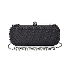 Weave Pattern Clutch Bag with Shoulder Metal Chain - Black