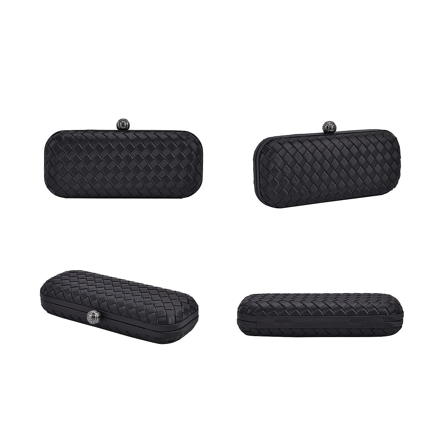 Weave Pattern Clutch Bag with Shoulder Metal Chain - Black