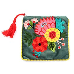 Suede Fabric Zipper Pouch with Colourful Thread Work - Green