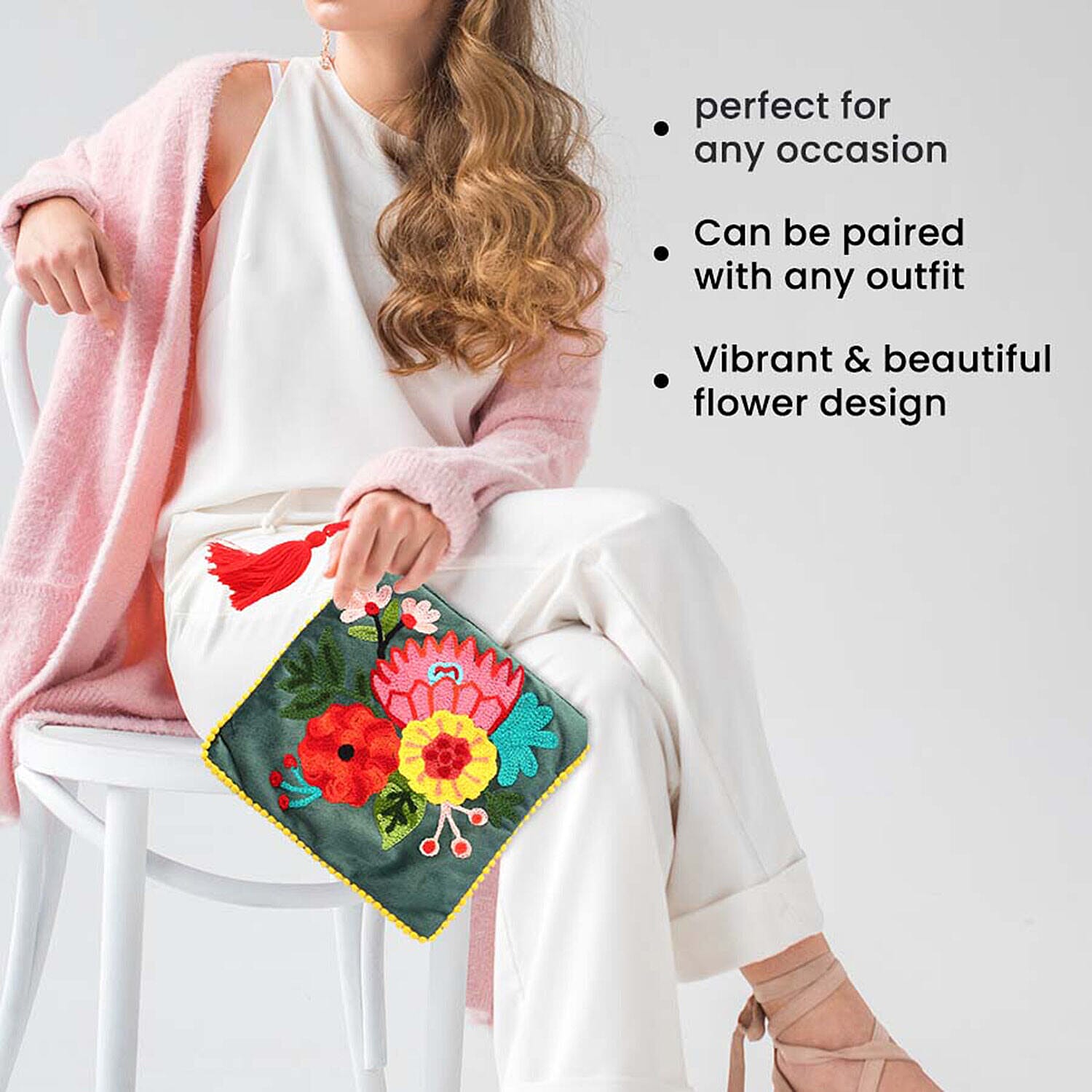 Suede Fabric Zipper Pouch with Colourful Thread Work - Green