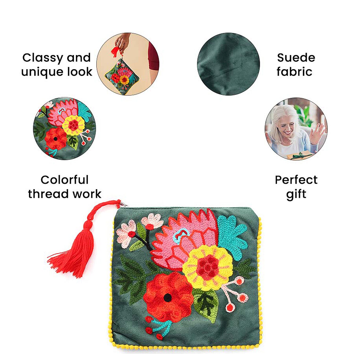 Suede Fabric Zipper Pouch with Colourful Thread Work - Green