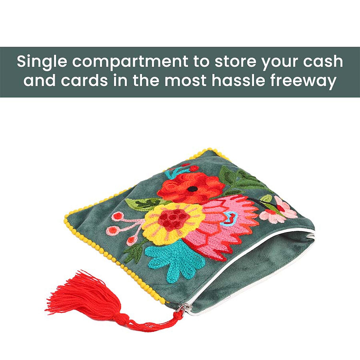 Suede Fabric Zipper Pouch with Colourful Thread Work - Green