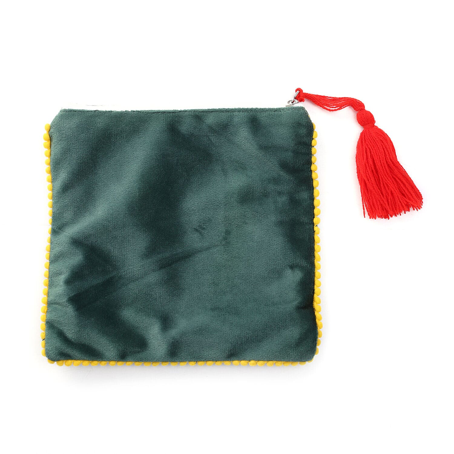Suede Fabric Zipper Pouch with Colourful Thread Work - Green