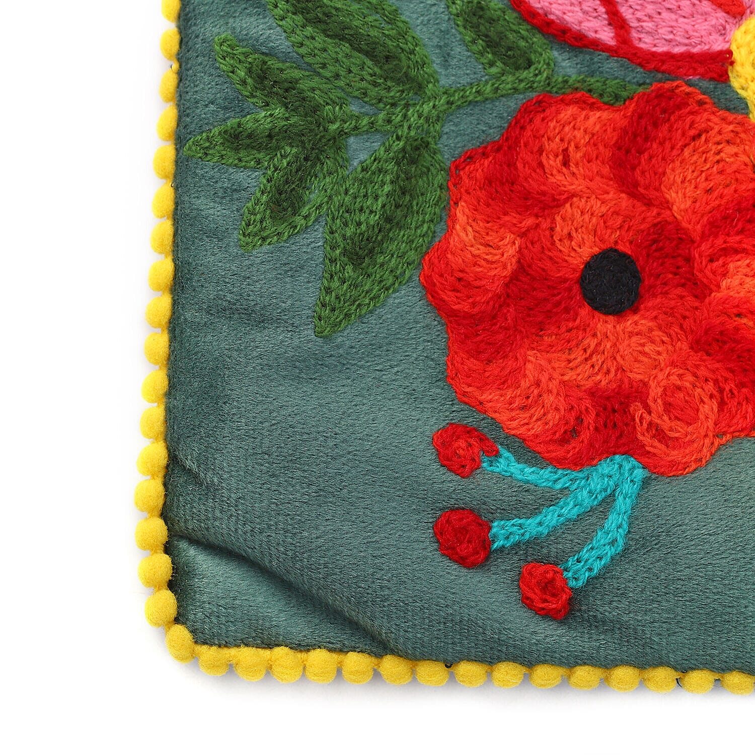 Suede Fabric Zipper Pouch with Colourful Thread Work - Green